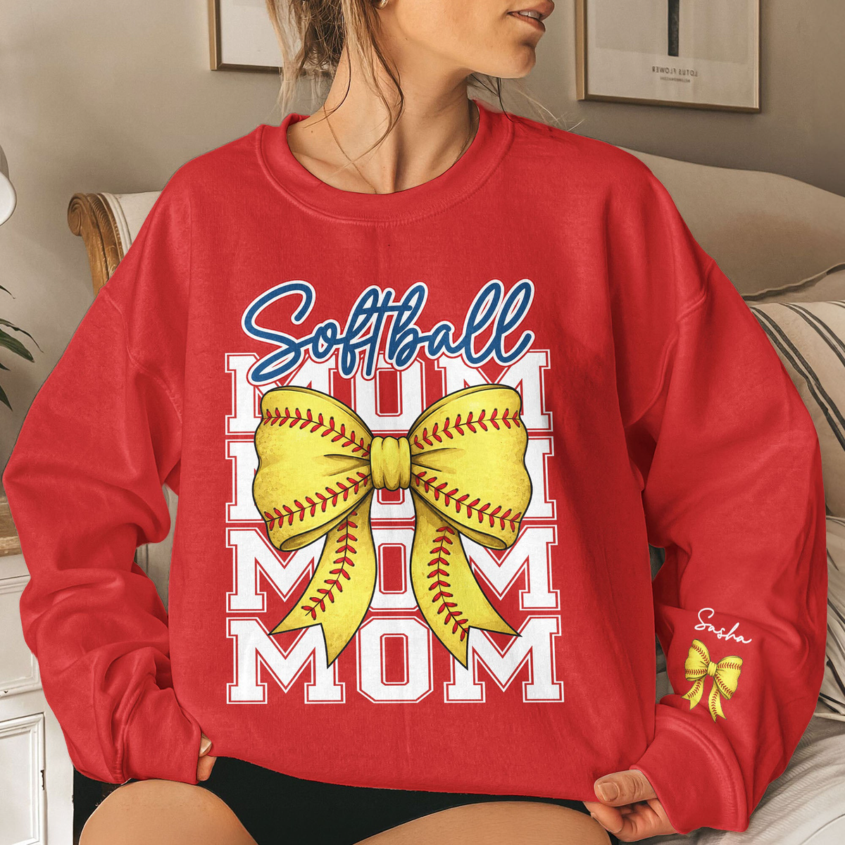 Coquette Bow Custom Kid Name Gift For Softball Mom, Softball Mama - Personalized Sweatshirt