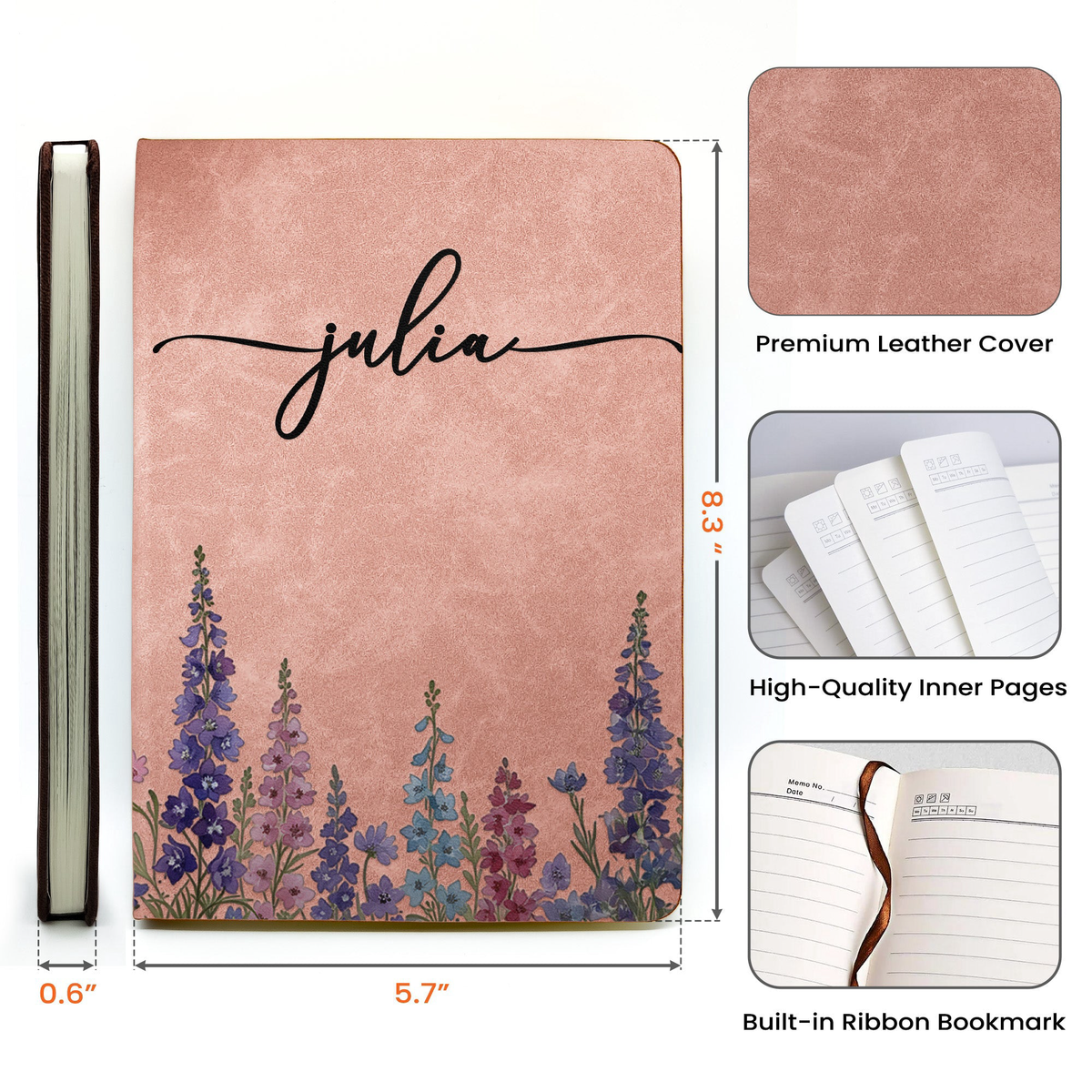 Corporate Gifts Custom Birth Flower & Name For Her, Wife, Daughter, Sister - Personalized Leather Journal
