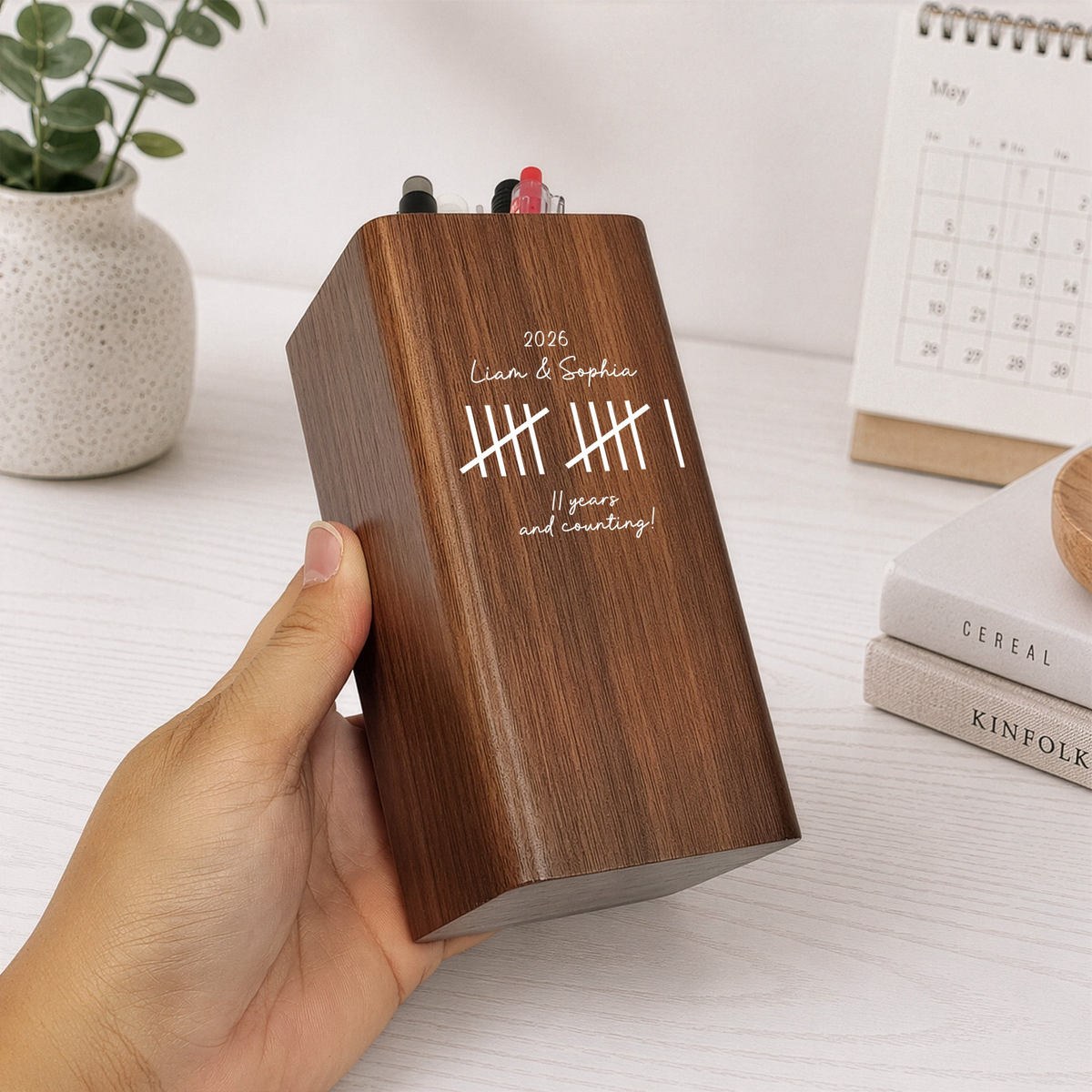 Custom Couple Anniversary Gifts For Husband - Personalized Pen Holder With Clock
