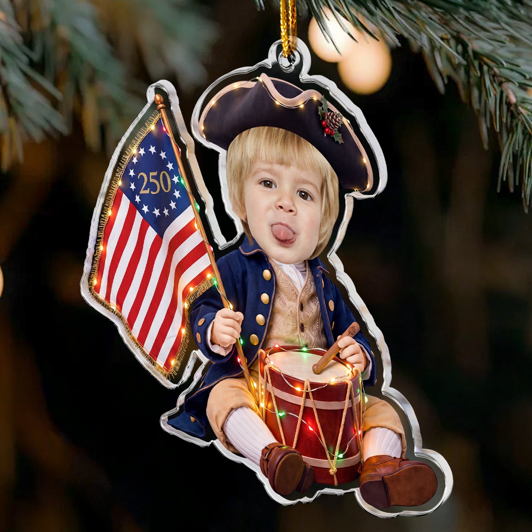 Custom Cute Face Baby First Christmas 250 Anniversary - Personalized Ornament