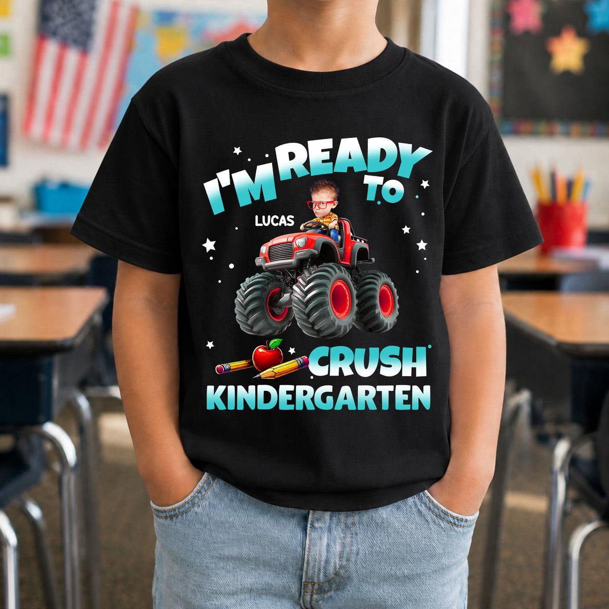 Custom Face Kid Riding Monster Truck Back To School - Personalized Shirt
