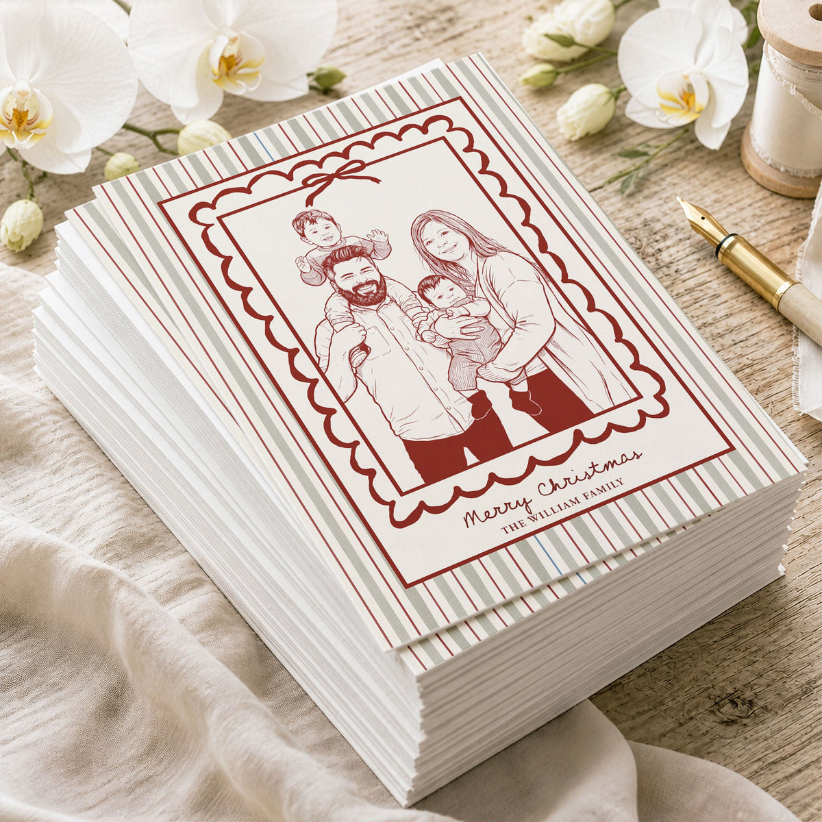 Custom Family Photo Sketch Line Art Christmas Gifts Card - Personalized Cards