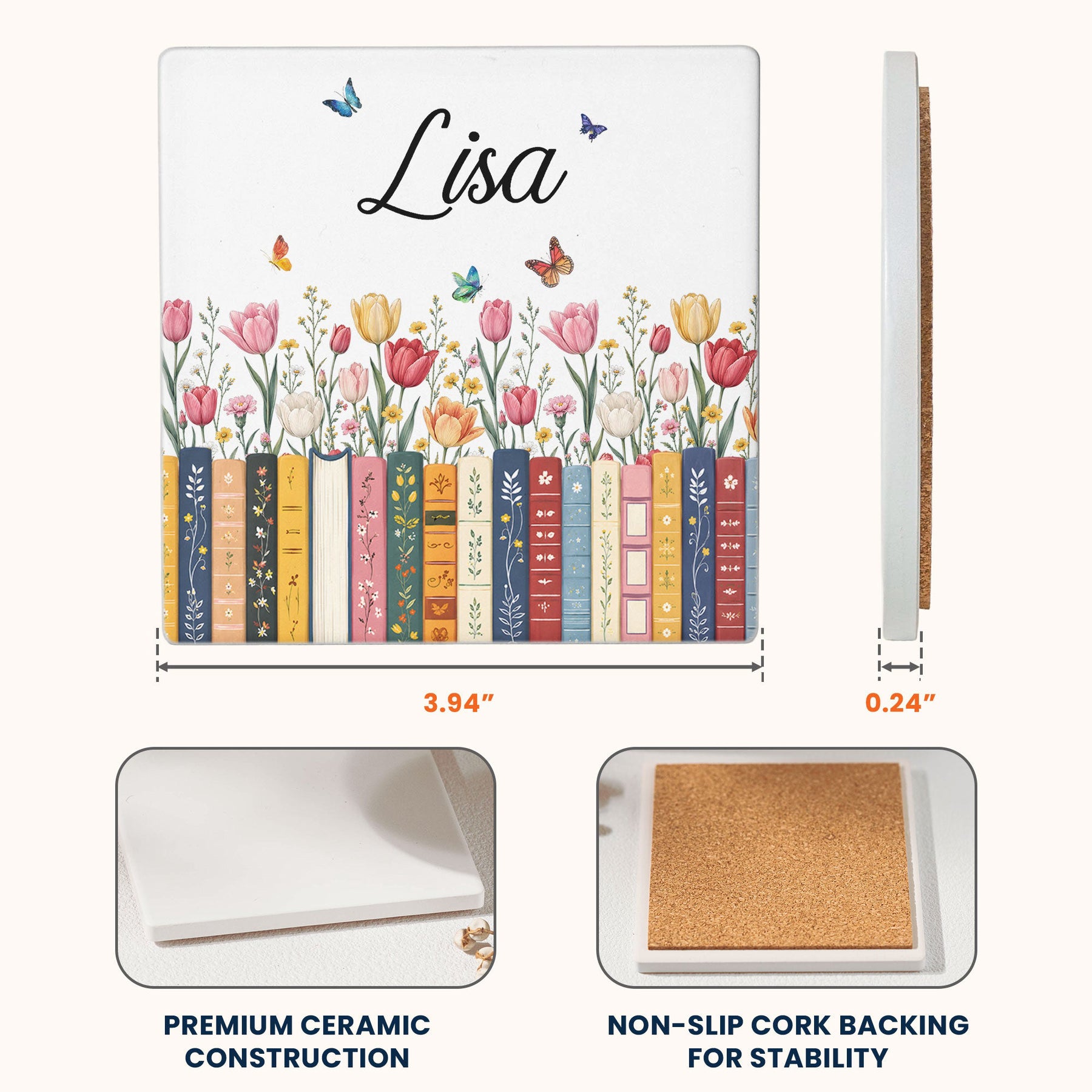 Custom Name & Birthflower For Book Lovers - Personalized Coaster