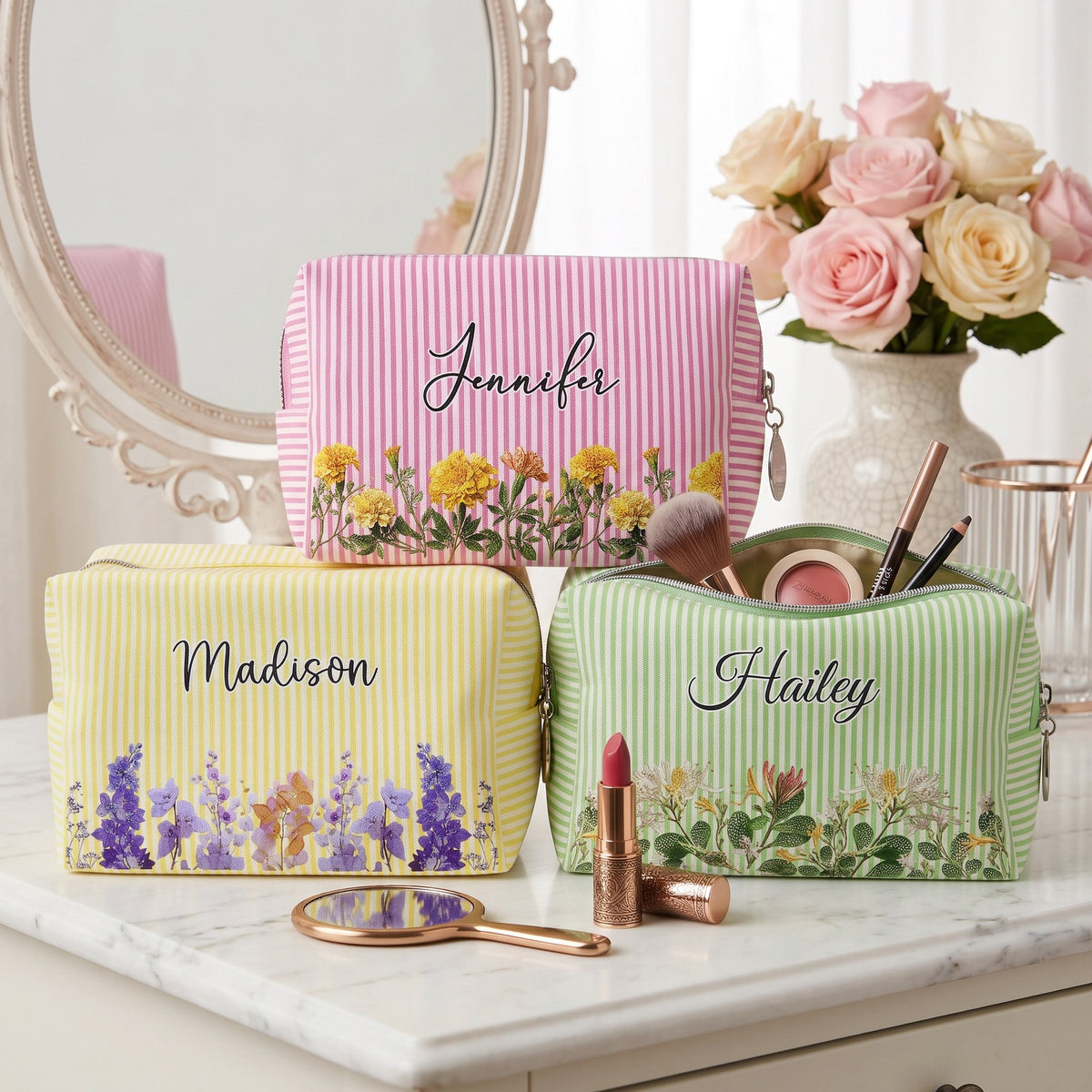 Custom Birth Flower & Name Makeup Bag For Her, Daughter, Friend - Personalized Makeup Bag