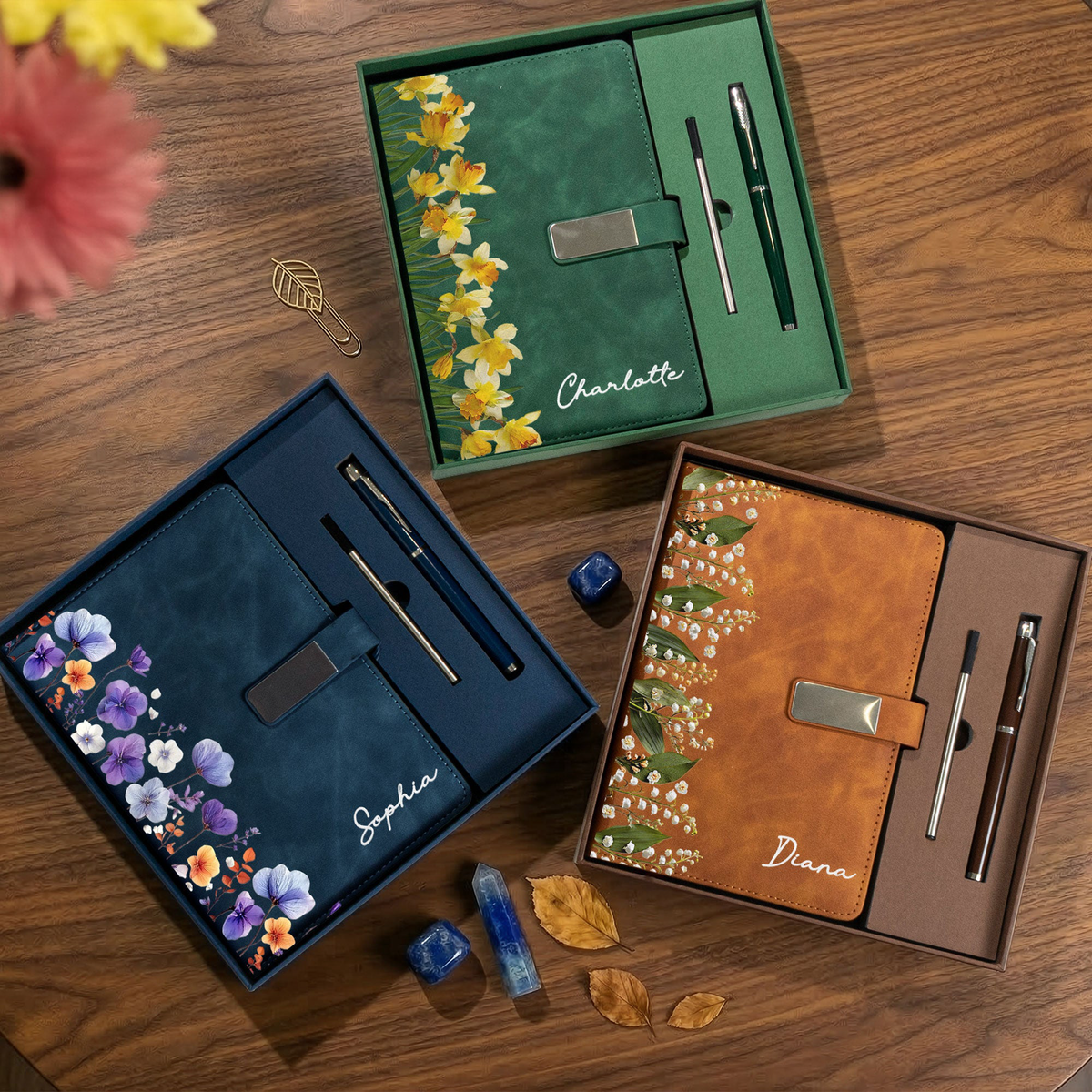 Corporate Gifts Custom Birth Flower & Name Gift For Her Daughter Friend - Personalized Notebook Set