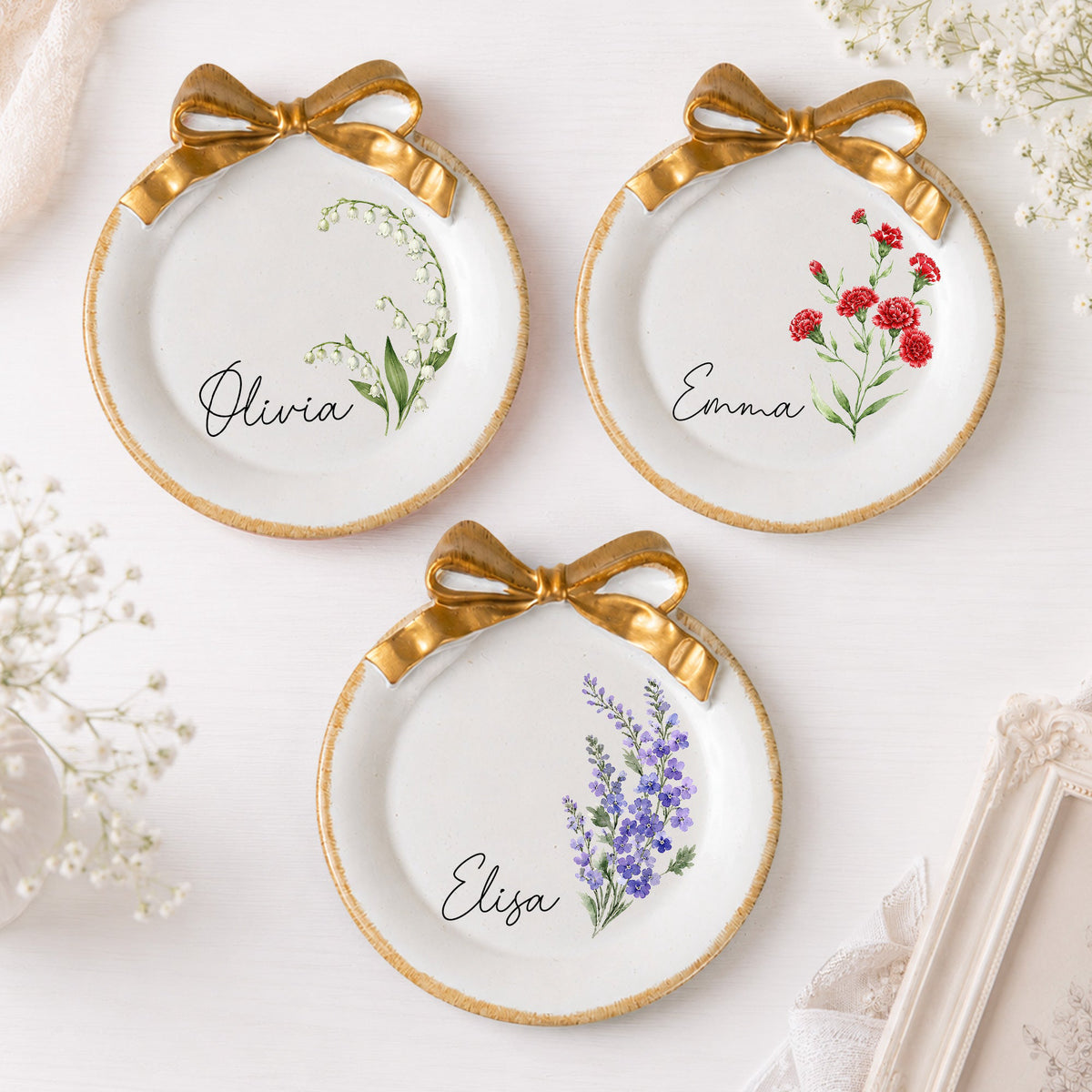 Custom Birth Flower & Name New Version Watercolor Style - Personalized Jewelry Dish
