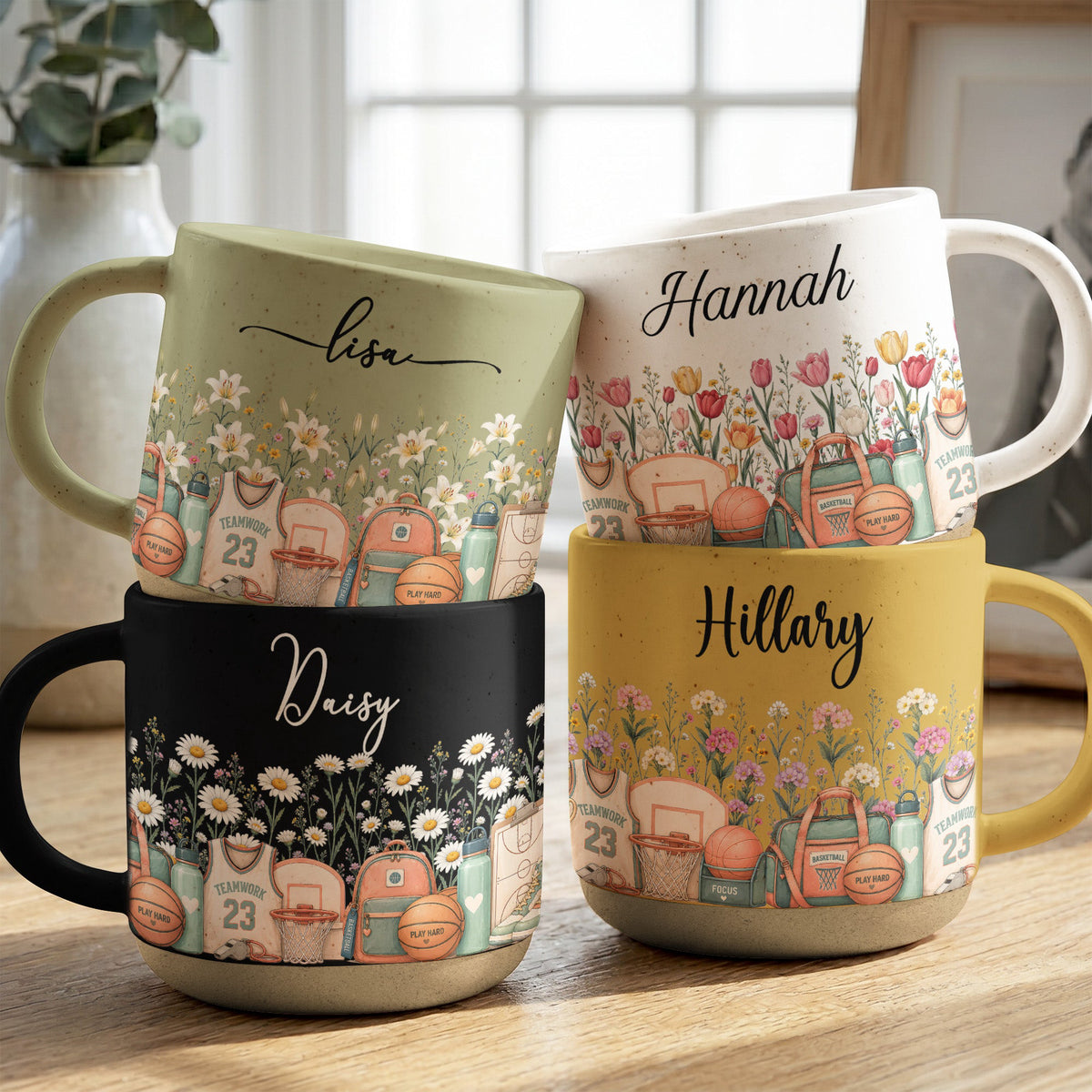 Custom Birth Flower & Name Pottery Mug - Gift For Basketball Fan Basketball Lover - Personalized Mug
