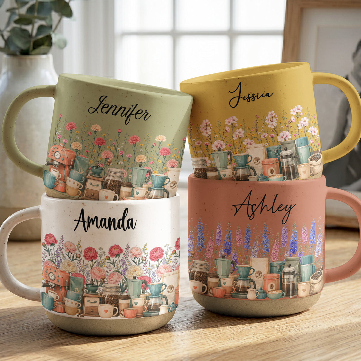 Custom Birth Flower & Name Pottery Mug - Gift For Coffee Lovers - Personalized Mug