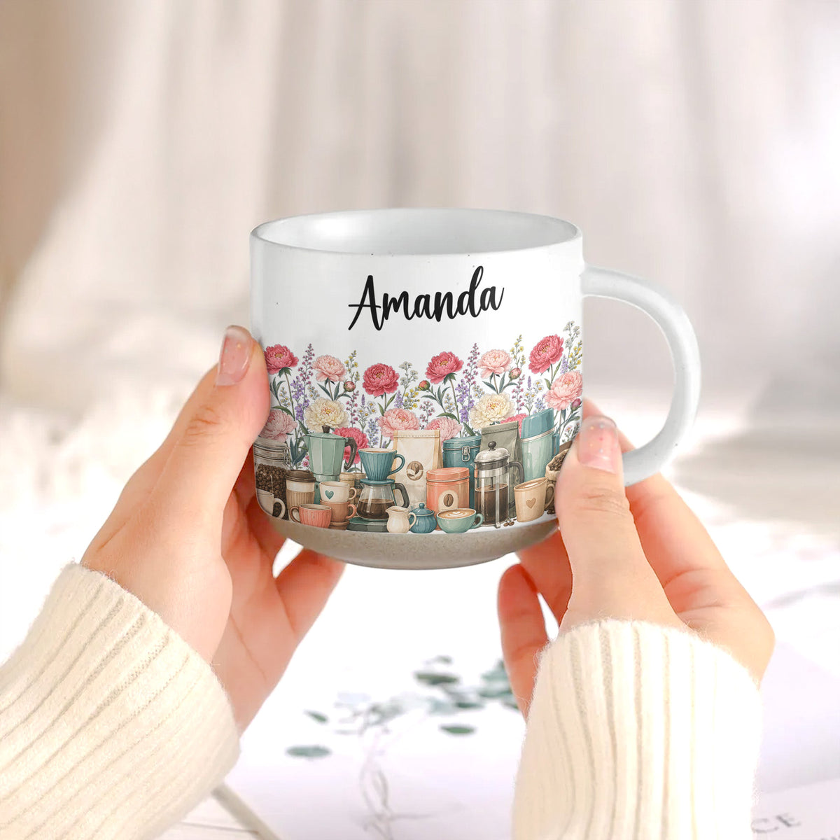 Custom Birth Flower & Name Pottery Mug - Gift For Coffee Lovers - Personalized Mug