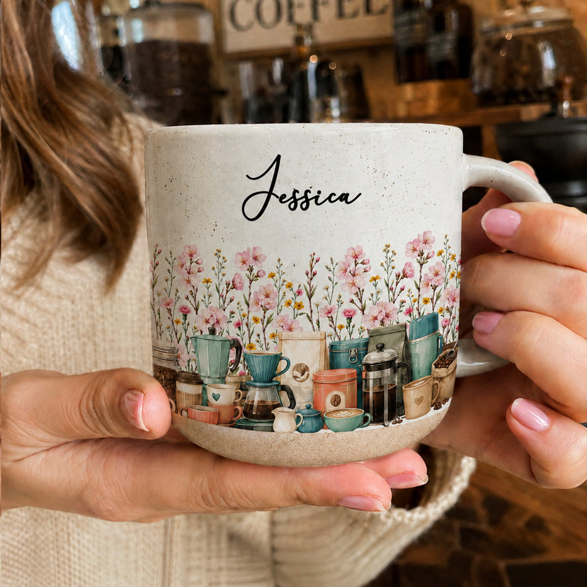 Custom Birth Flower & Name Pottery Mug - Gift For Coffee Lovers - Personalized Mug