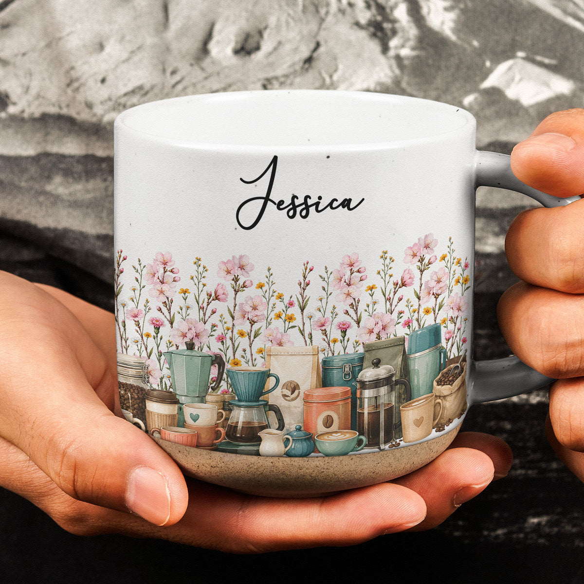 Custom Birth Flower & Name Pottery Mug - Gift For Coffee Lovers - Personalized Mug
