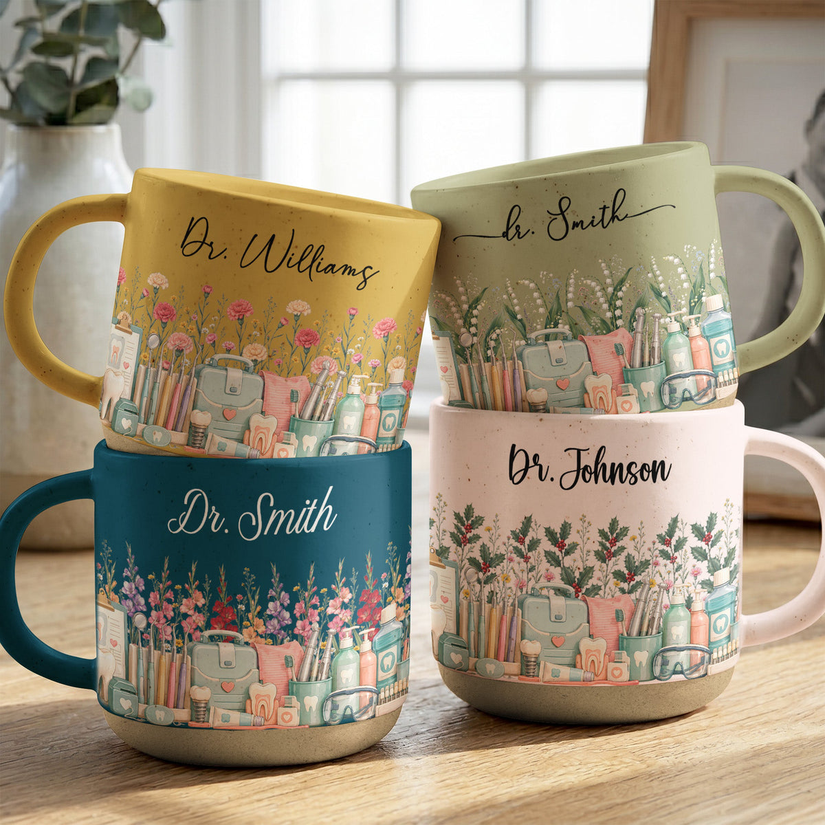 Custom Birth Flower & Name Pottery Mug - Gift For Dentist - Personalized Mug
