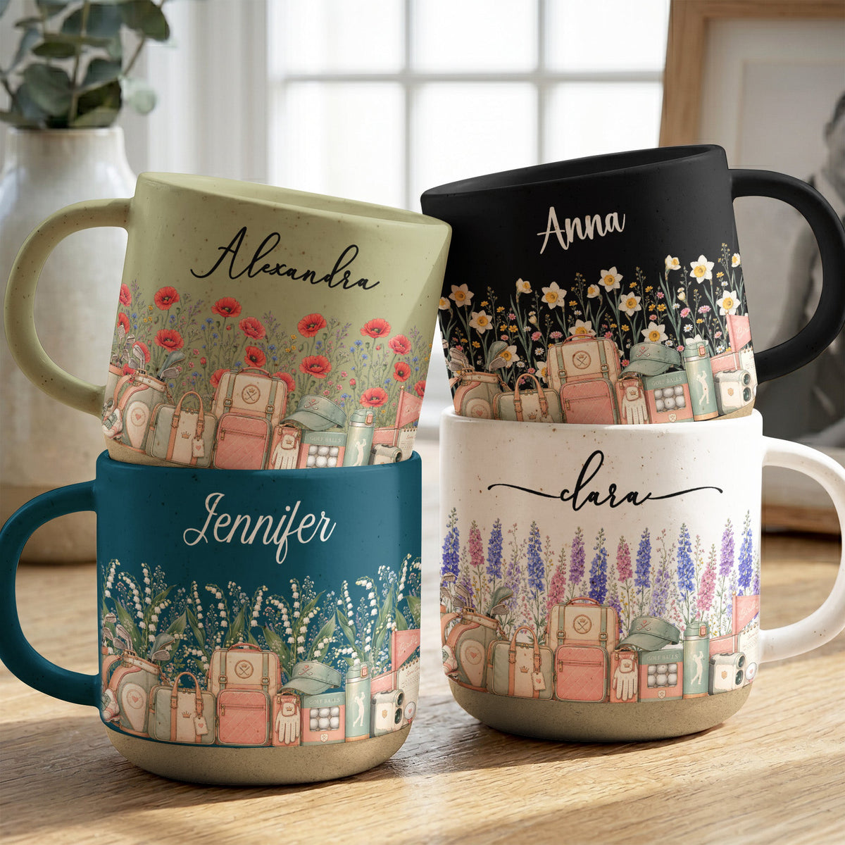 Custom Birth Flower & Name Pottery Mug - Gift For Golf Lovers - Personalized Mug