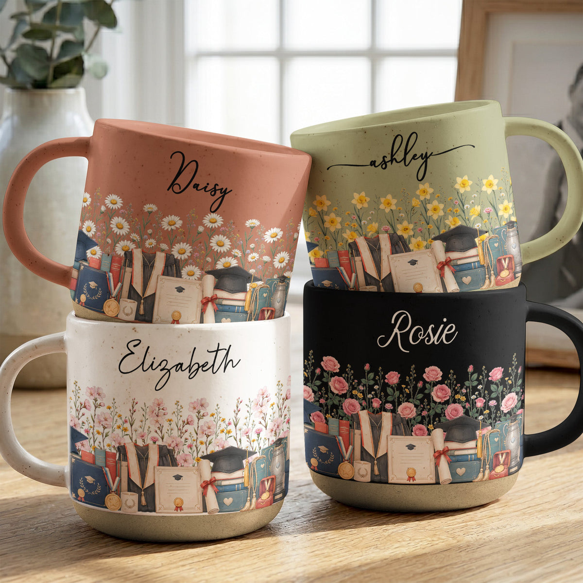 Custom Birth Flower & Name Pottery Mug - Gift For Graduate - Personalized Mug