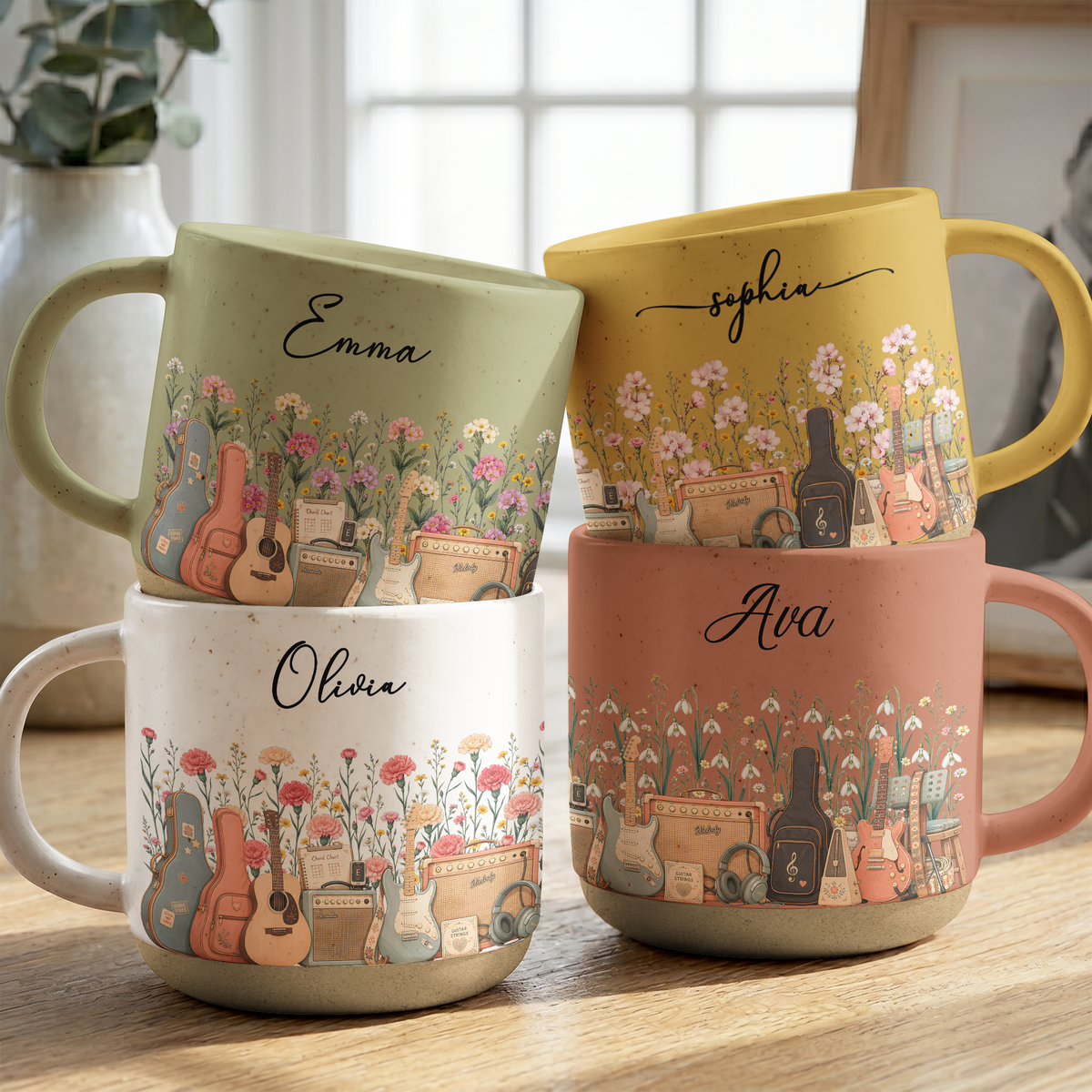 Custom Birth Flower & Name Pottery Mug - Gift For Guitarist - Personalized Mug