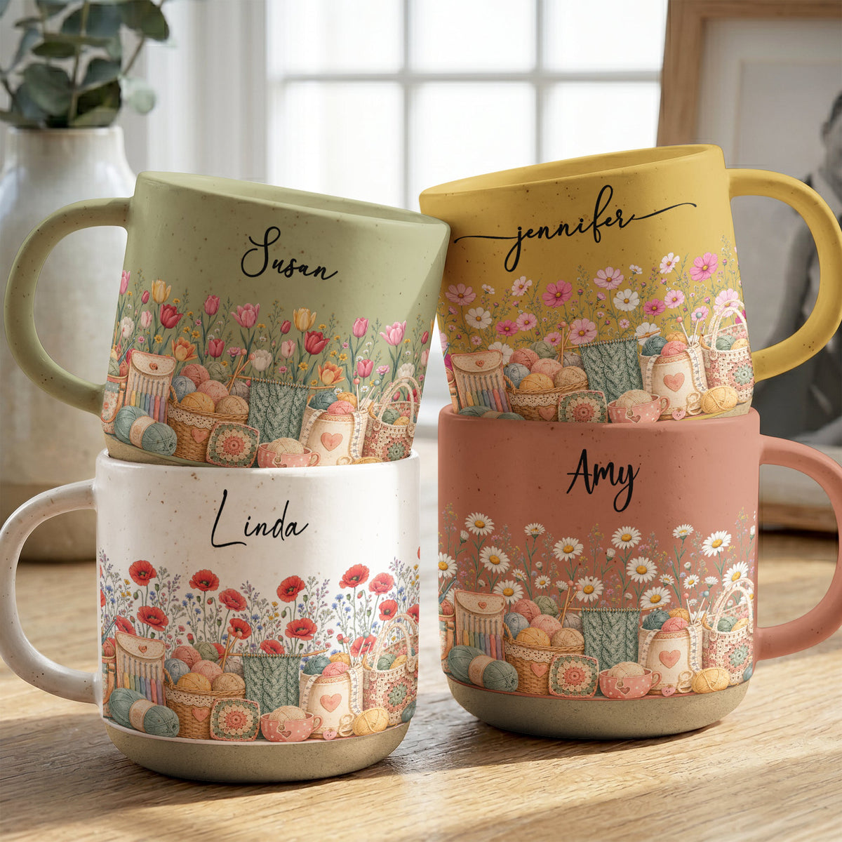 Custom Birth Flower & Name Pottery Mug - Gift For Knitter - Personalized Mug