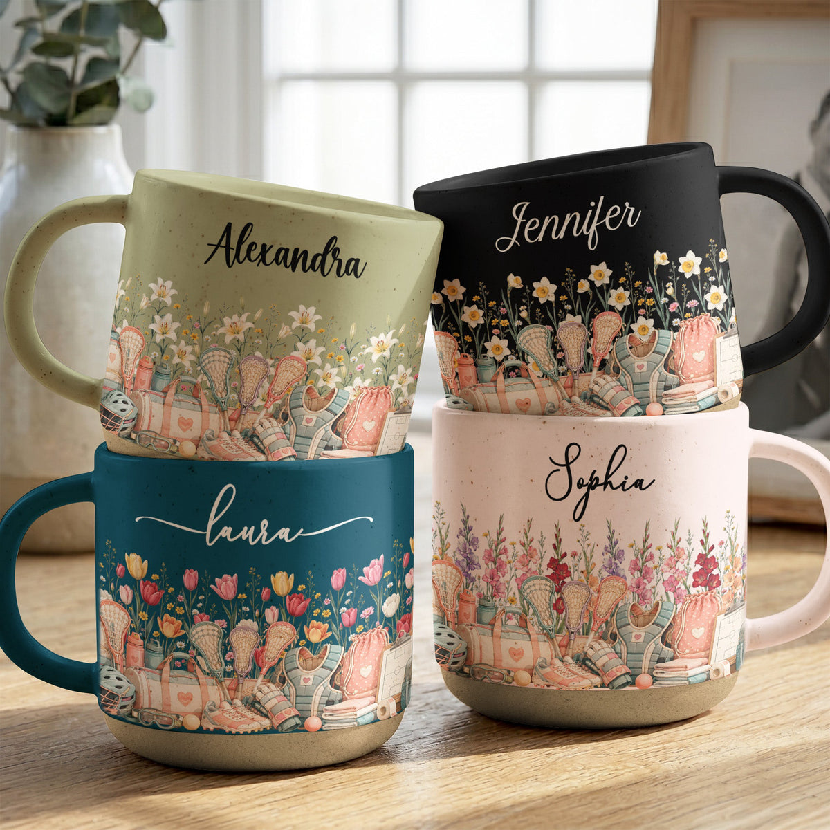 Custom Birth Flower & Name Pottery Mug - Gift For Lacrosse Lover - Personalized Mug