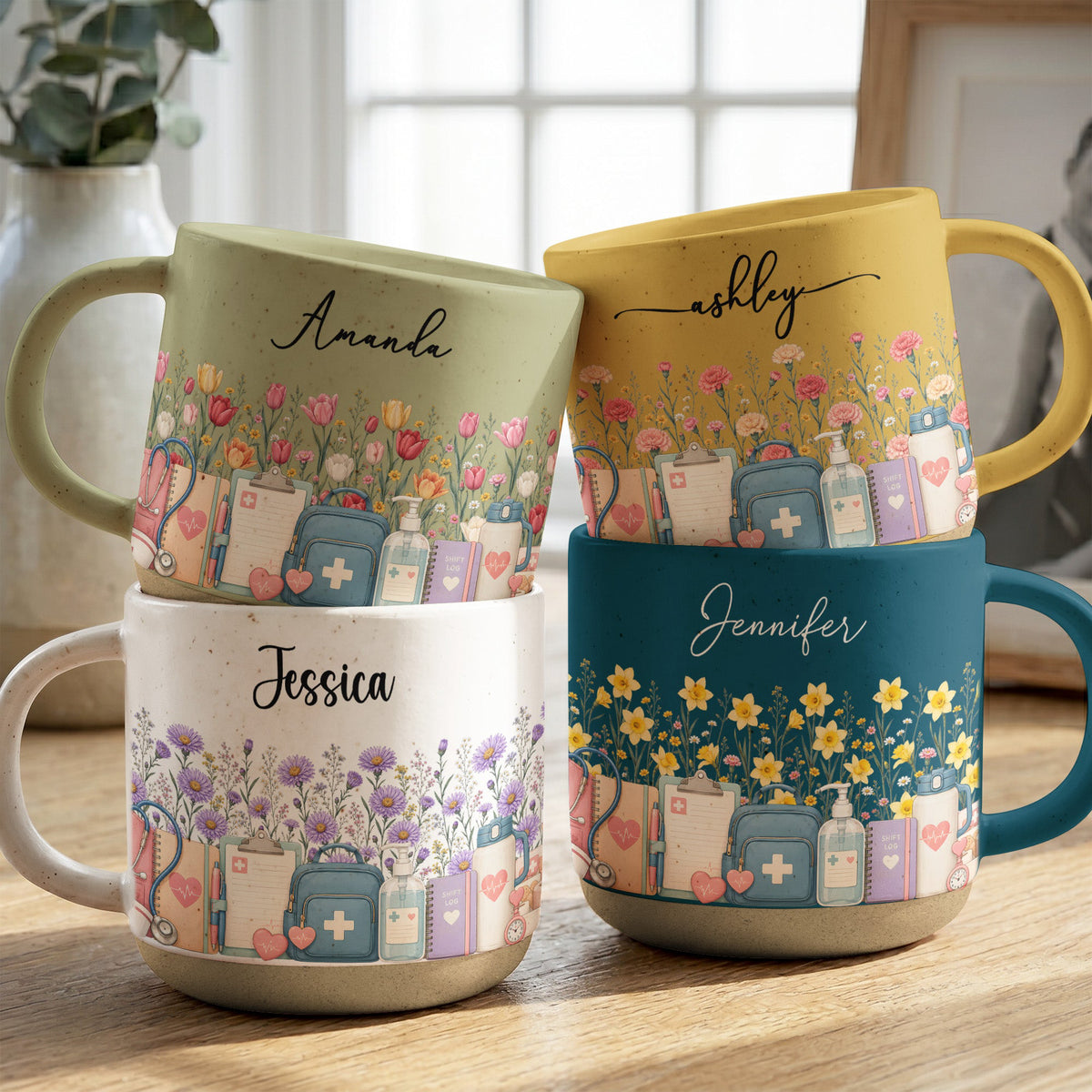 Custom Birth Flower & Name Pottery Mug - Gift For Nurse - Personalized Mug