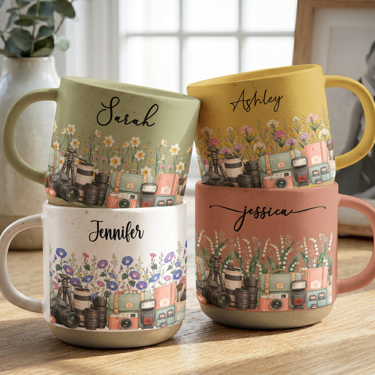 Custom Birth Flower & Name Pottery Mug - Gift For Photographer - Personalized Mug