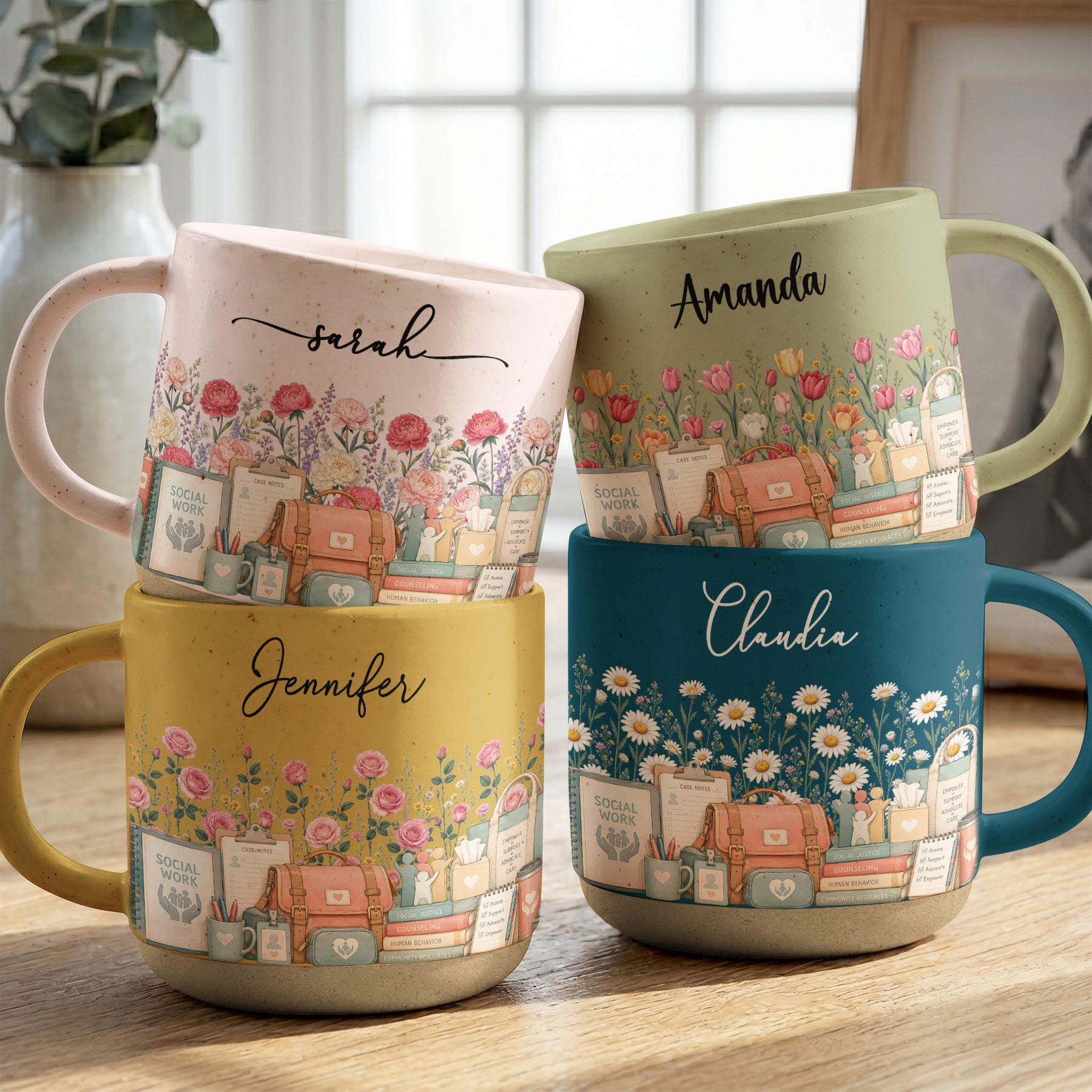 Custom Birth Flower & Name Pottery Mug - Gift For Social Worker - Personalized Mug