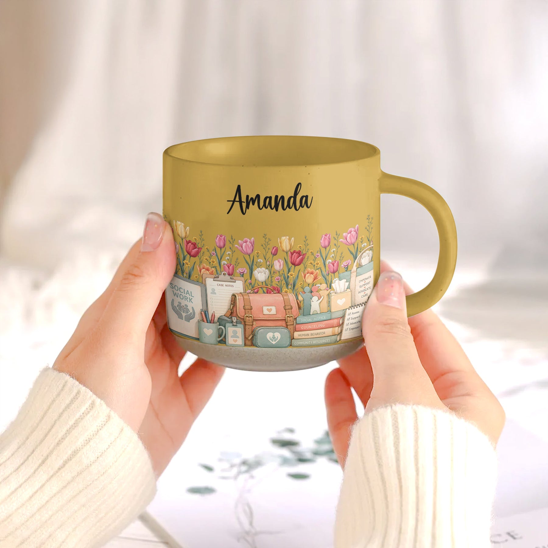 Custom Birth Flower & Name Pottery Mug - Gift For Social Worker - Personalized Mug