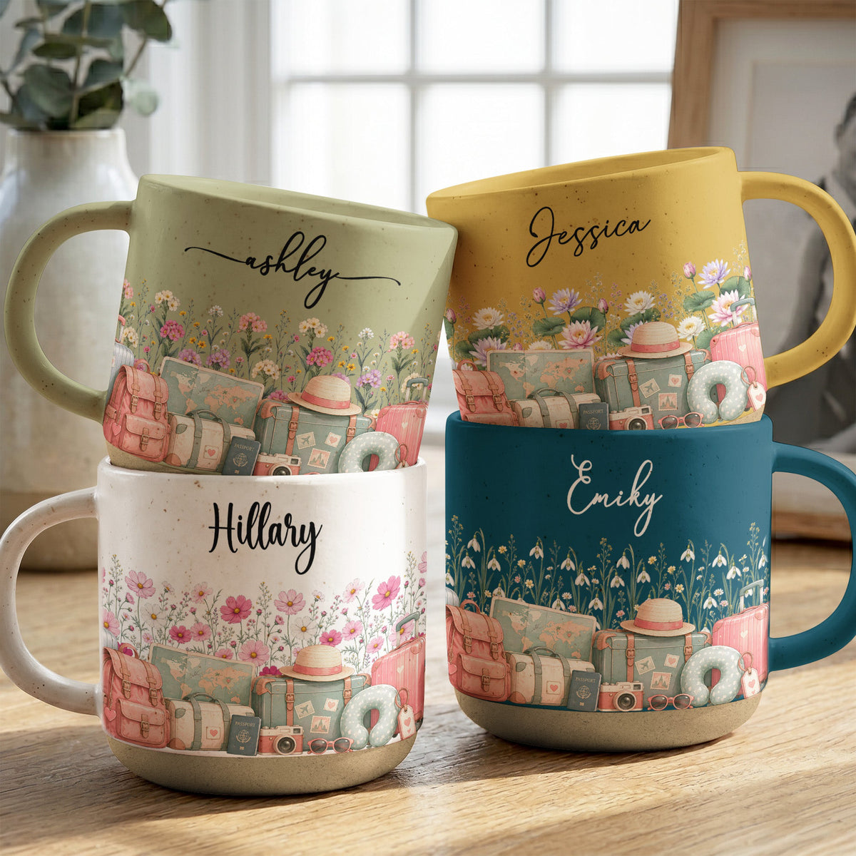Custom Birth Flower & Name Pottery Mug - Gift For Traveler - Personalized Mug