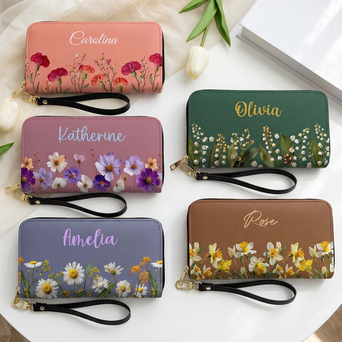 Custom Birth Flower With Name Gift For Her, Grandma, Mom, Sister - Personalized Wallet