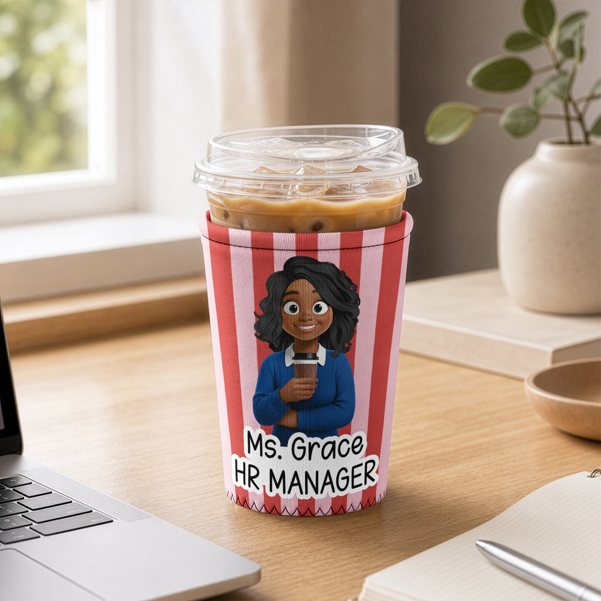 Custom Character For Teacher, Coworker, Boss With Name - Personalized Iced Coffee Sleeve