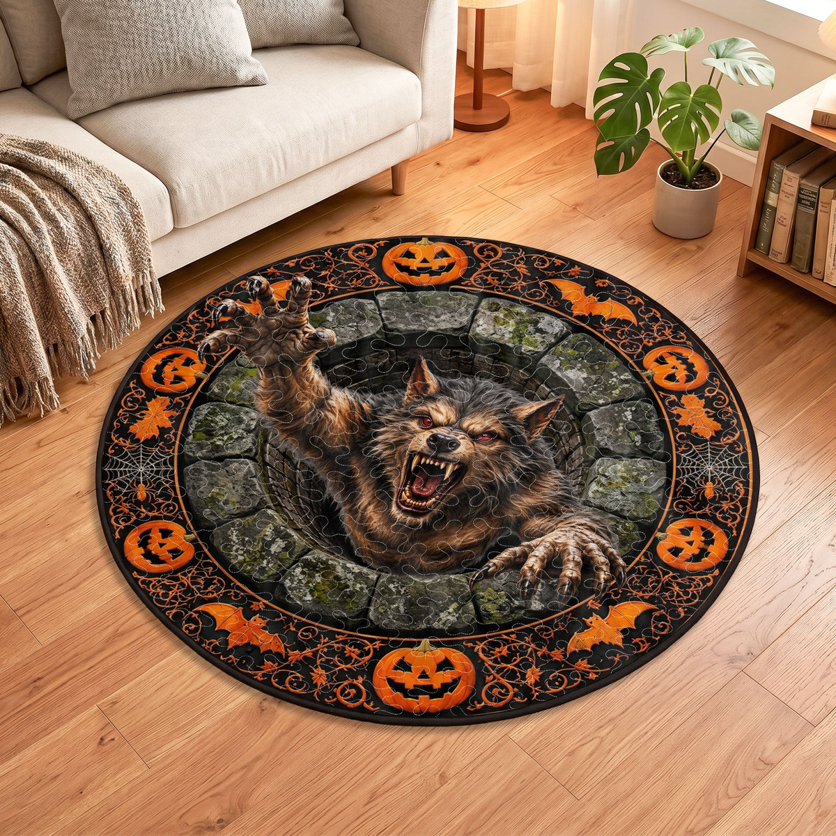 Custom Character Optical Illusion Round Rug, Halloween Floor Mat Spooky Pumpkin Hole Carpet, Scary Bottomless Pit Home Decor Halloween Party Rug - Personalized Quilted Mat