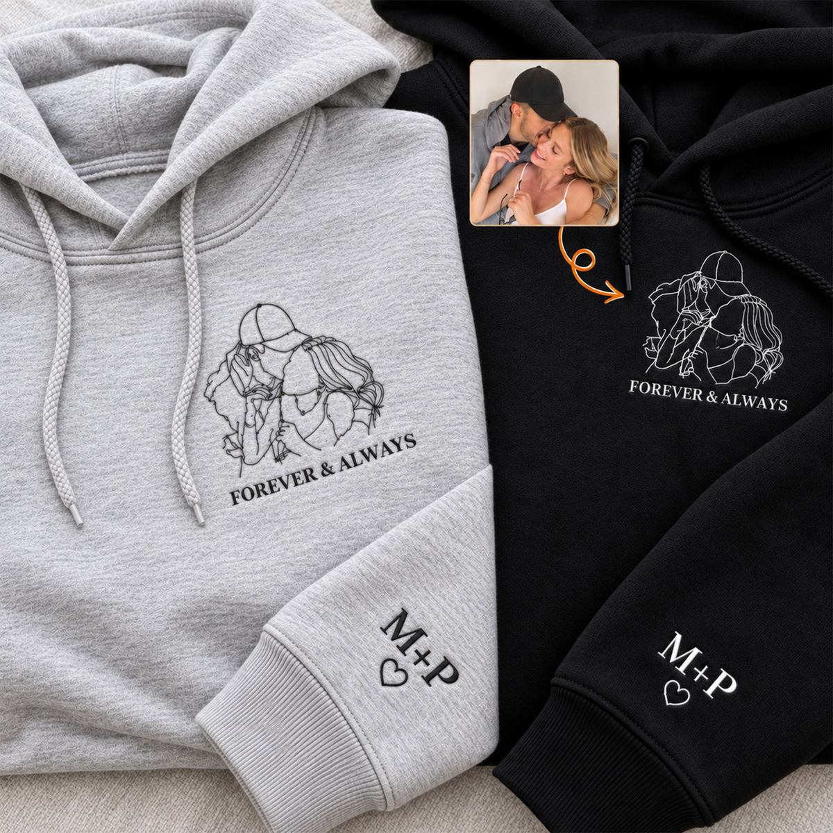 Custom Couple Photo Line Art Matching Embroidered Shirt Sweatshirt - Personalized Shirt