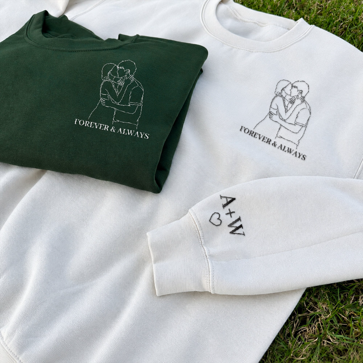 Custom Couple Photo Line Art Matching Embroidered Shirt Sweatshirt - Personalized Shirt