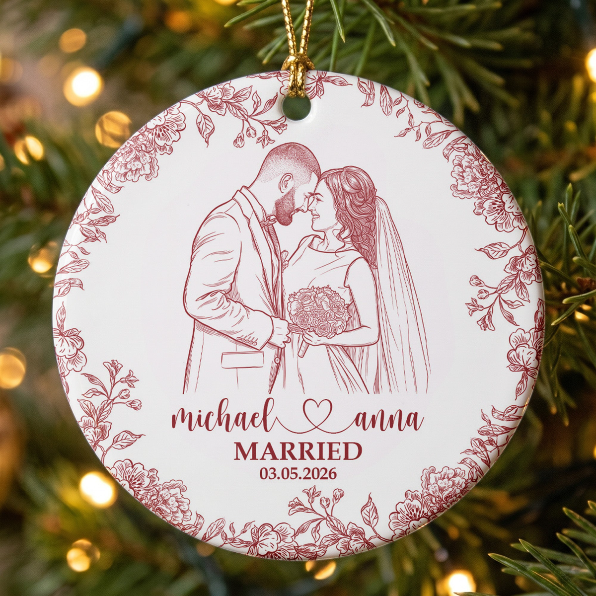 Custom Couple Photo Sketch Line Art First Christmas Married - Personalized Ornament