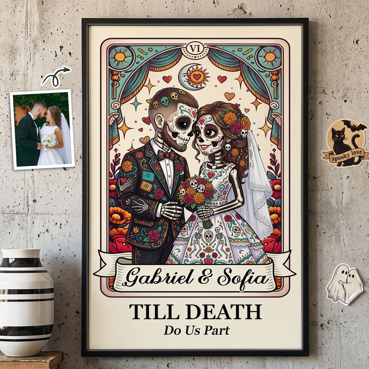 Custom Couple Portrait Day Of The Dead Art Till Death Do Us Part - Personalized Poster