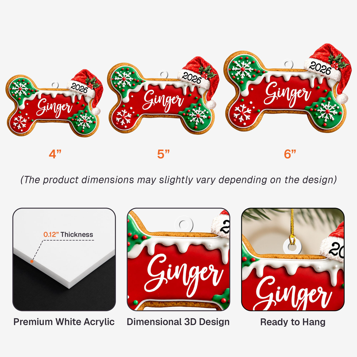 Custom Dog Bone, Fishy Cat Gingerbread Christmas Pet First Christmas 3D Relief - Personalized Ornament
