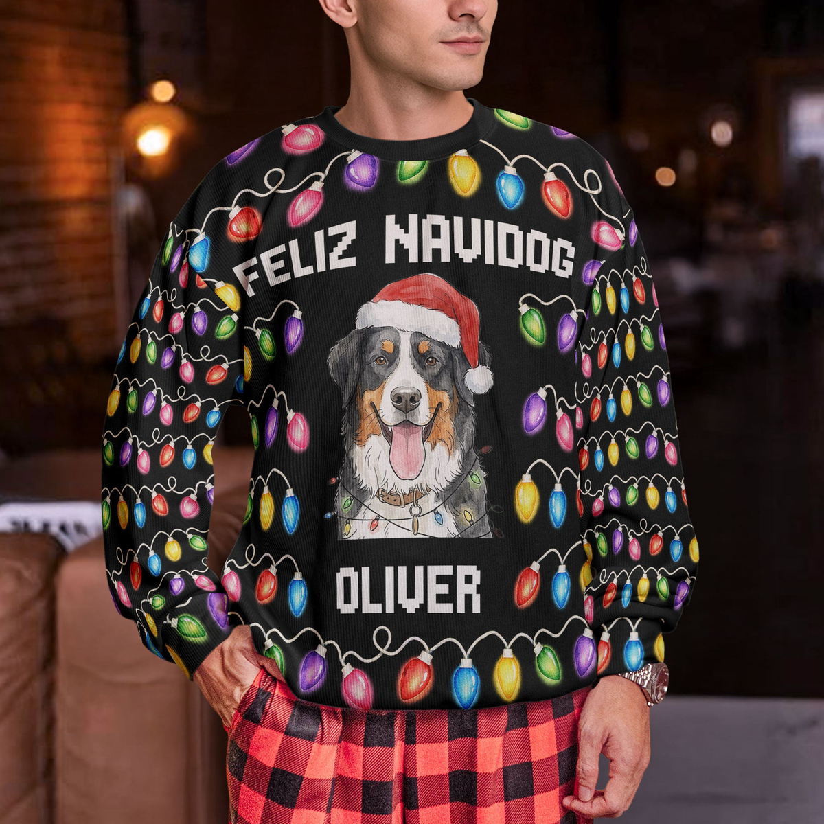 Custom Funny Pet Christmas Santa With Lights Feliz Navidog - Personalized Ugly Sweater