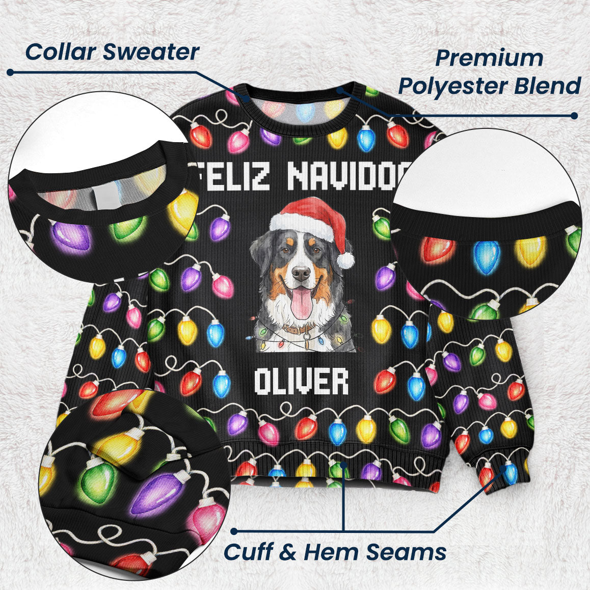 Custom Funny Pet Christmas Santa With Lights Feliz Navidog - Personalized Ugly Sweater