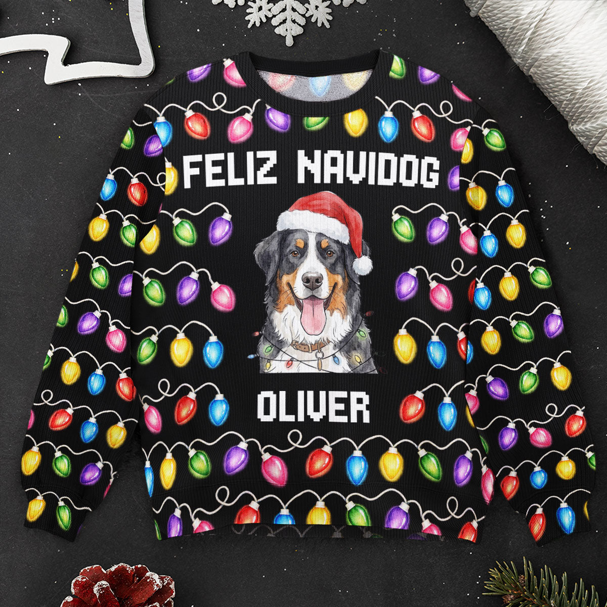Custom Funny Pet Christmas Santa With Lights Feliz Navidog - Personalized Ugly Sweater