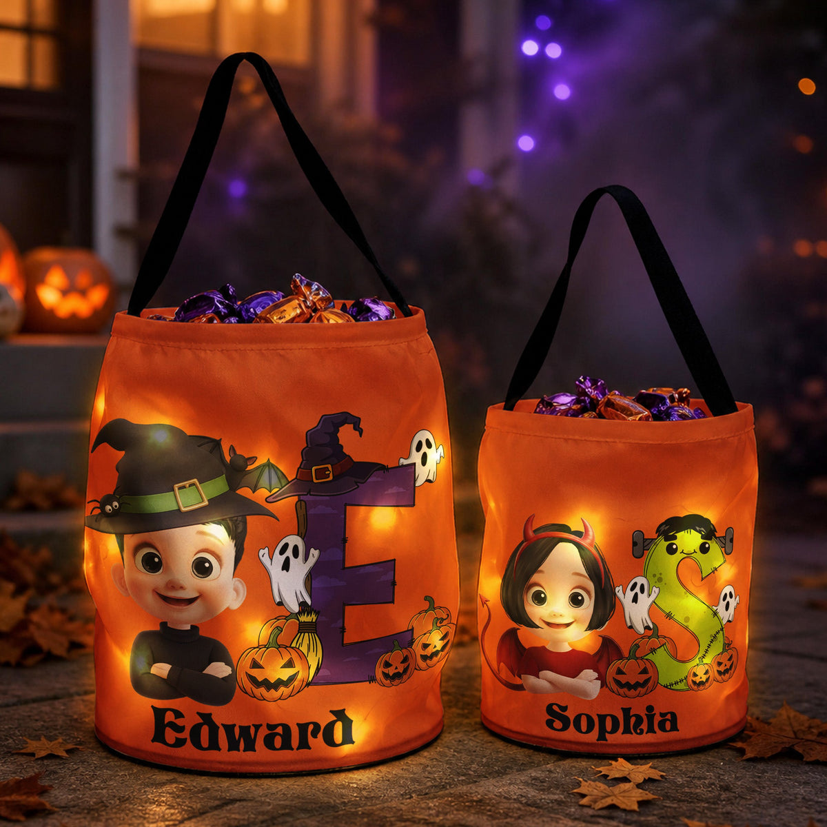 Custom Initial Kid Name Candy Basket With Glow Light - Personalized Halloween Basket