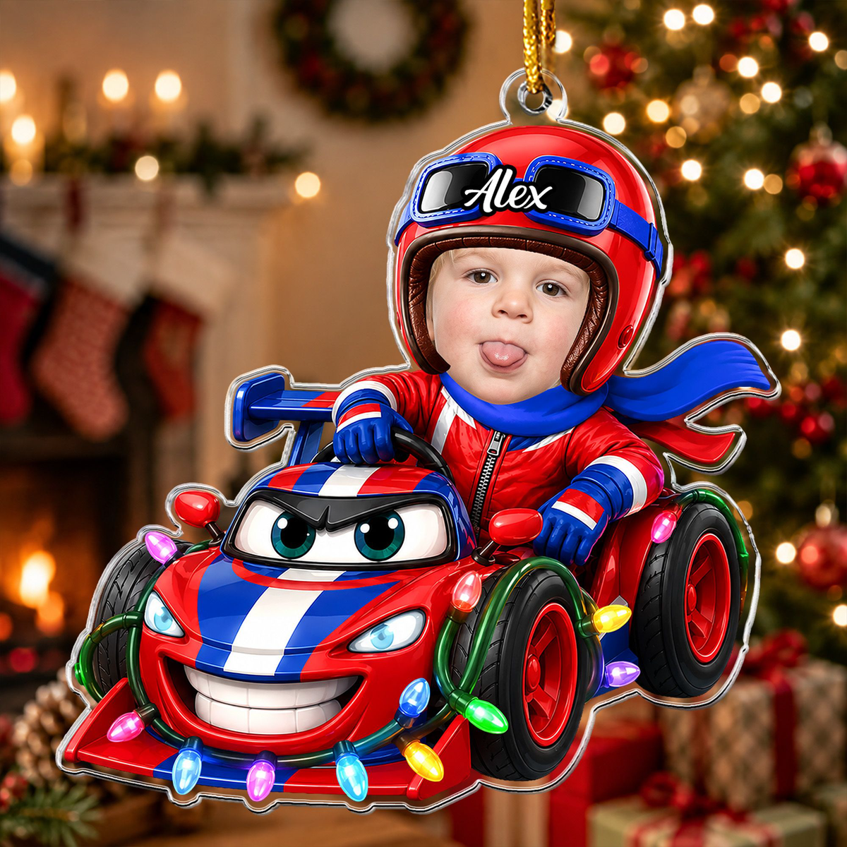 Custom Kid Funny Face Racing Car Christmas Gifts For Son, Daughter, Grandkids - Personalized Ornament