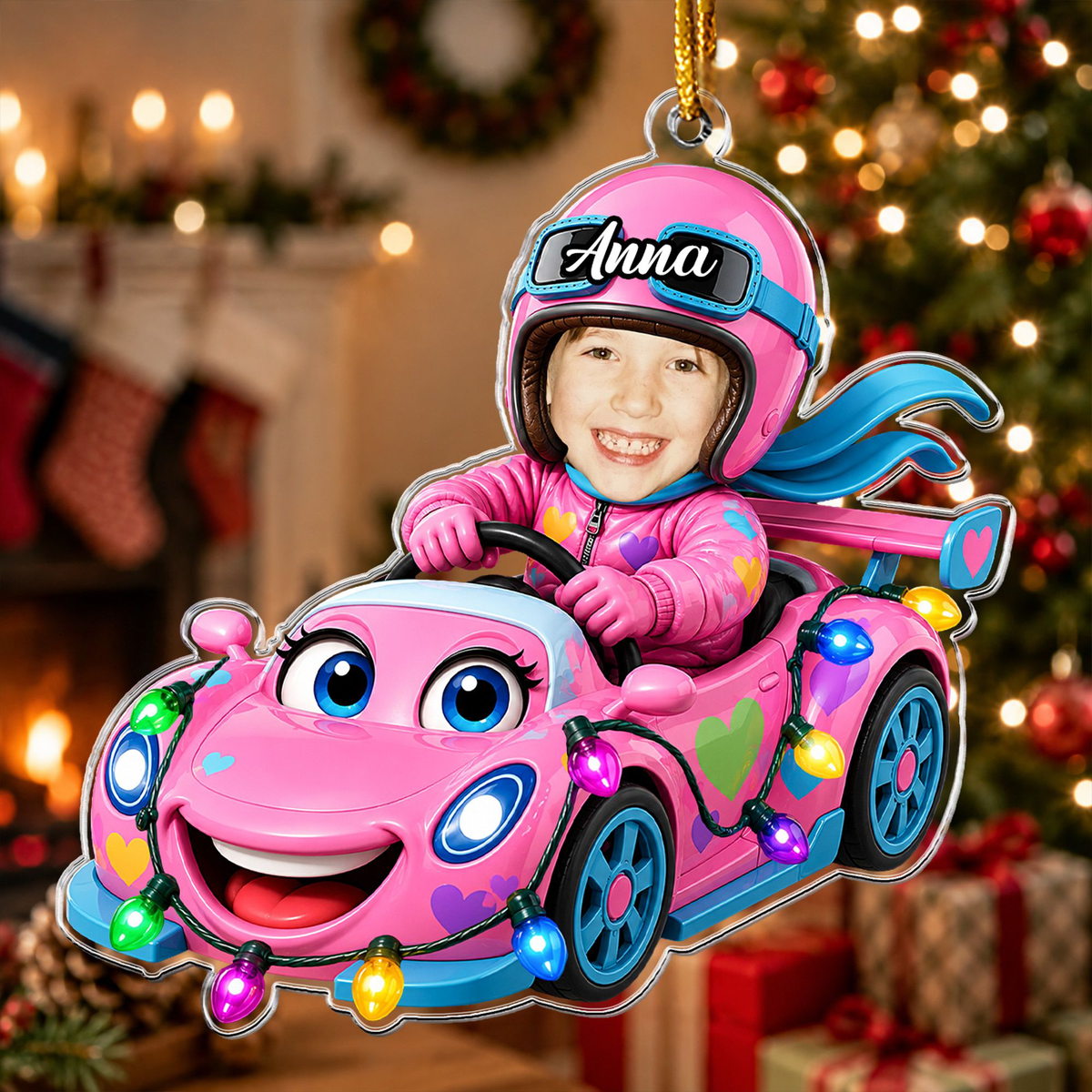 Custom Kid Funny Face Racing Car Christmas Gifts For Son, Daughter, Grandkids - Personalized Ornament
