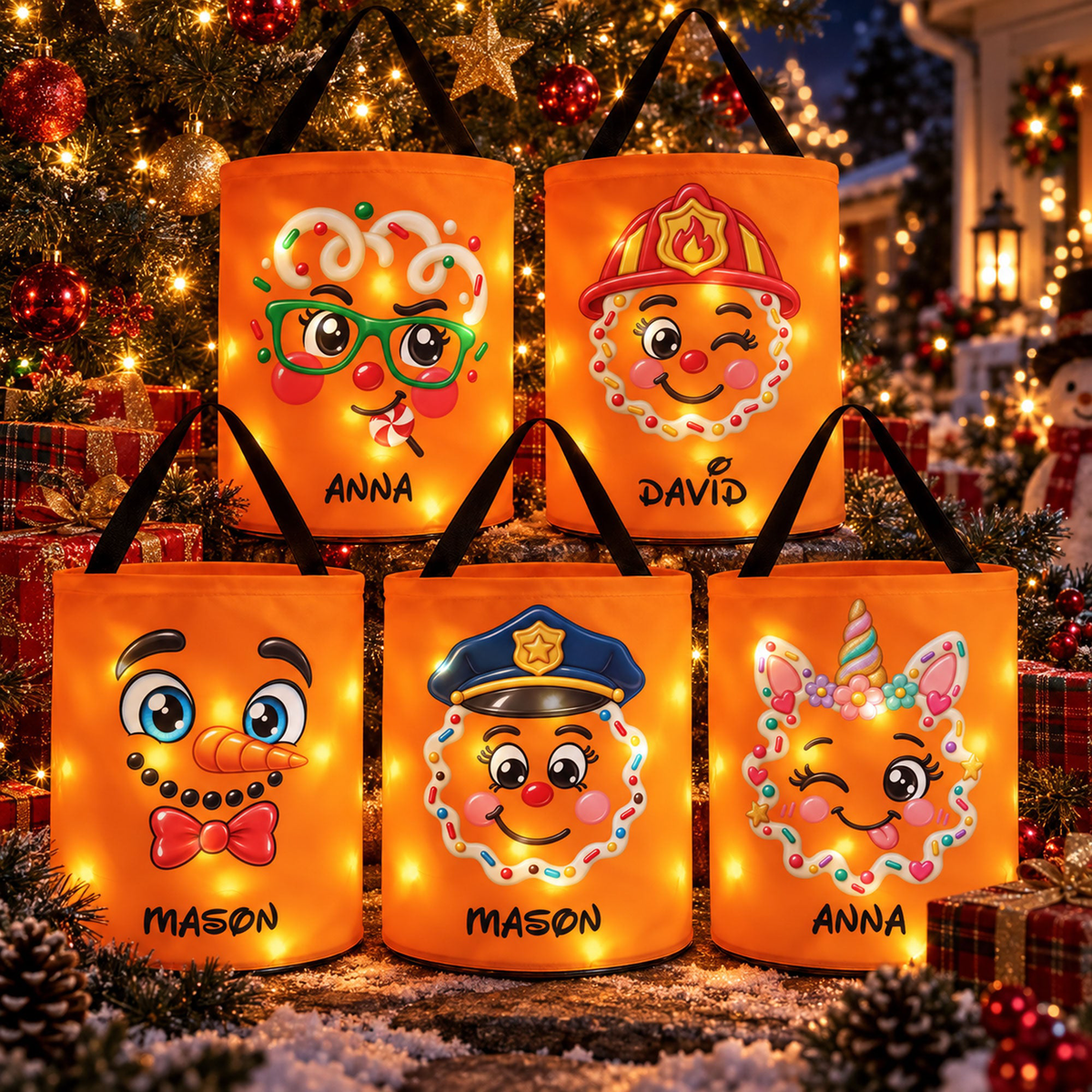 Custom Name & Character Gingerbread, Snowman, Elf, Santa For Kids - Personalized Basket