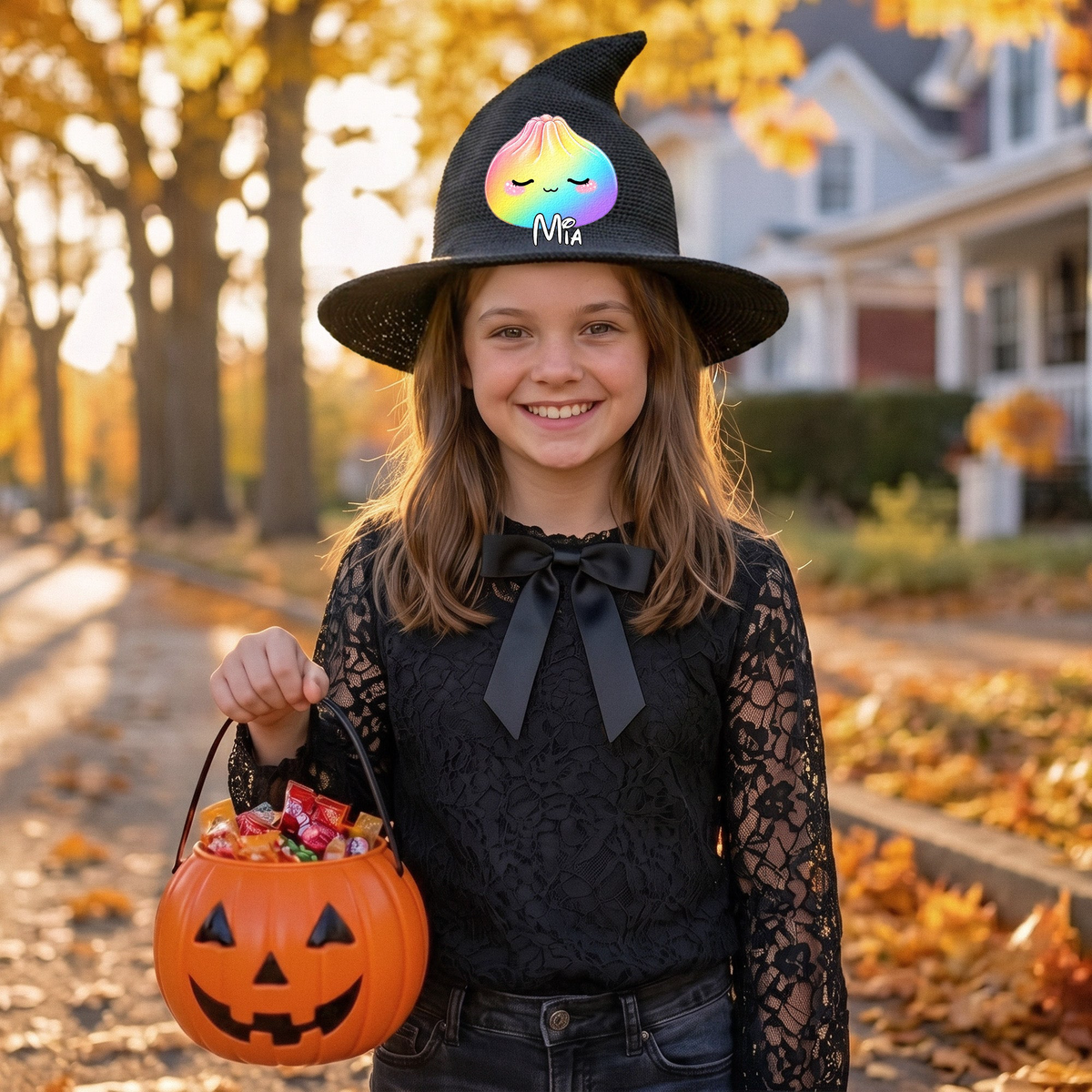 Custom Name Cute Dumplings, Gift For Trick Or Treaters - Personalized Witch Hat