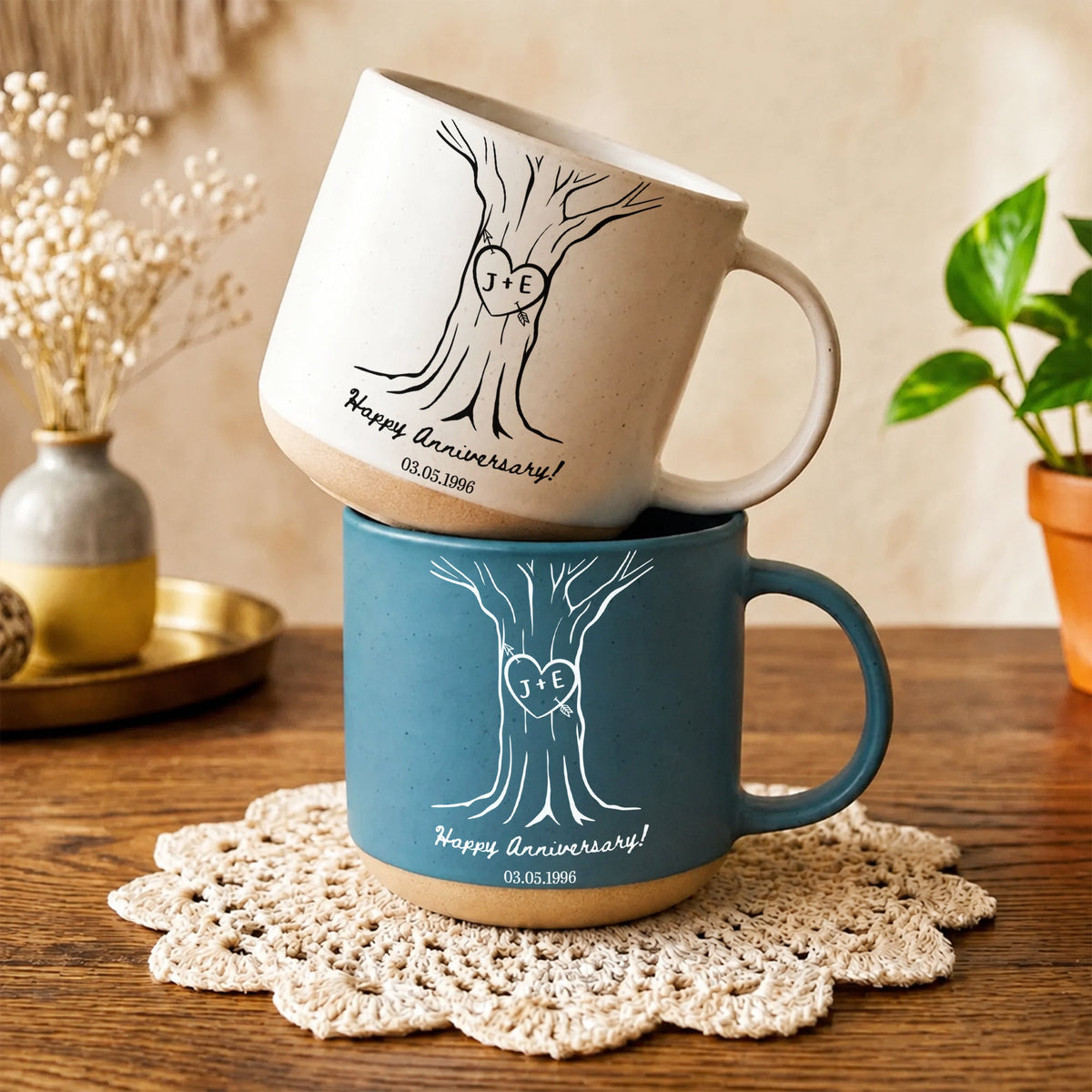 Custom Name & Date Pottery Mug For Couples Anniversary Gifts - Personalized Mug