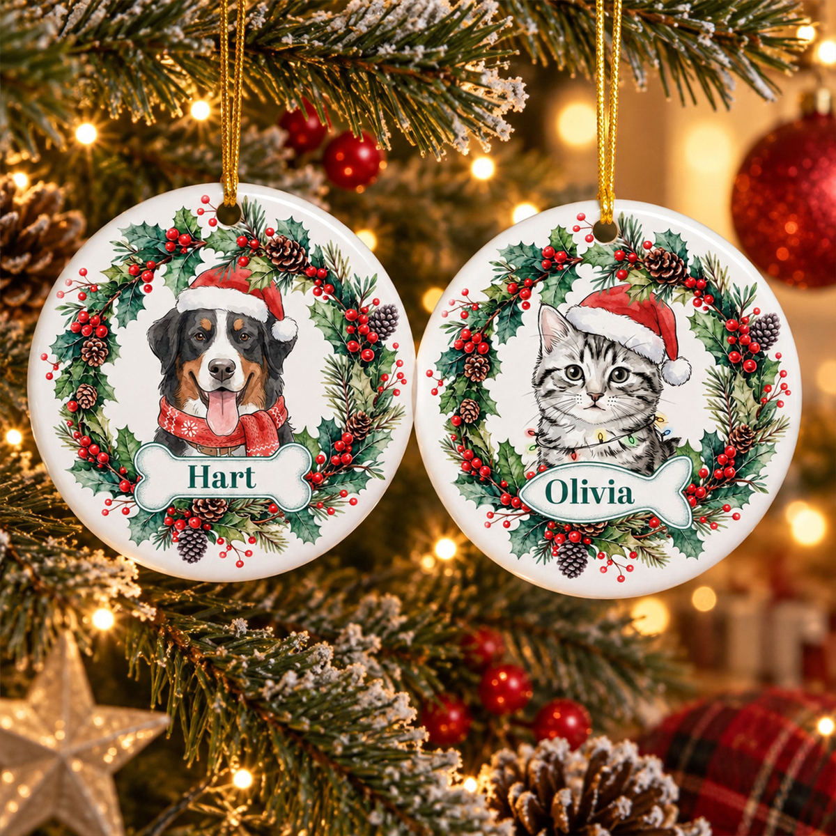 Custom Pet Portrait Christmas Watercolor Art - Personalized Ornament