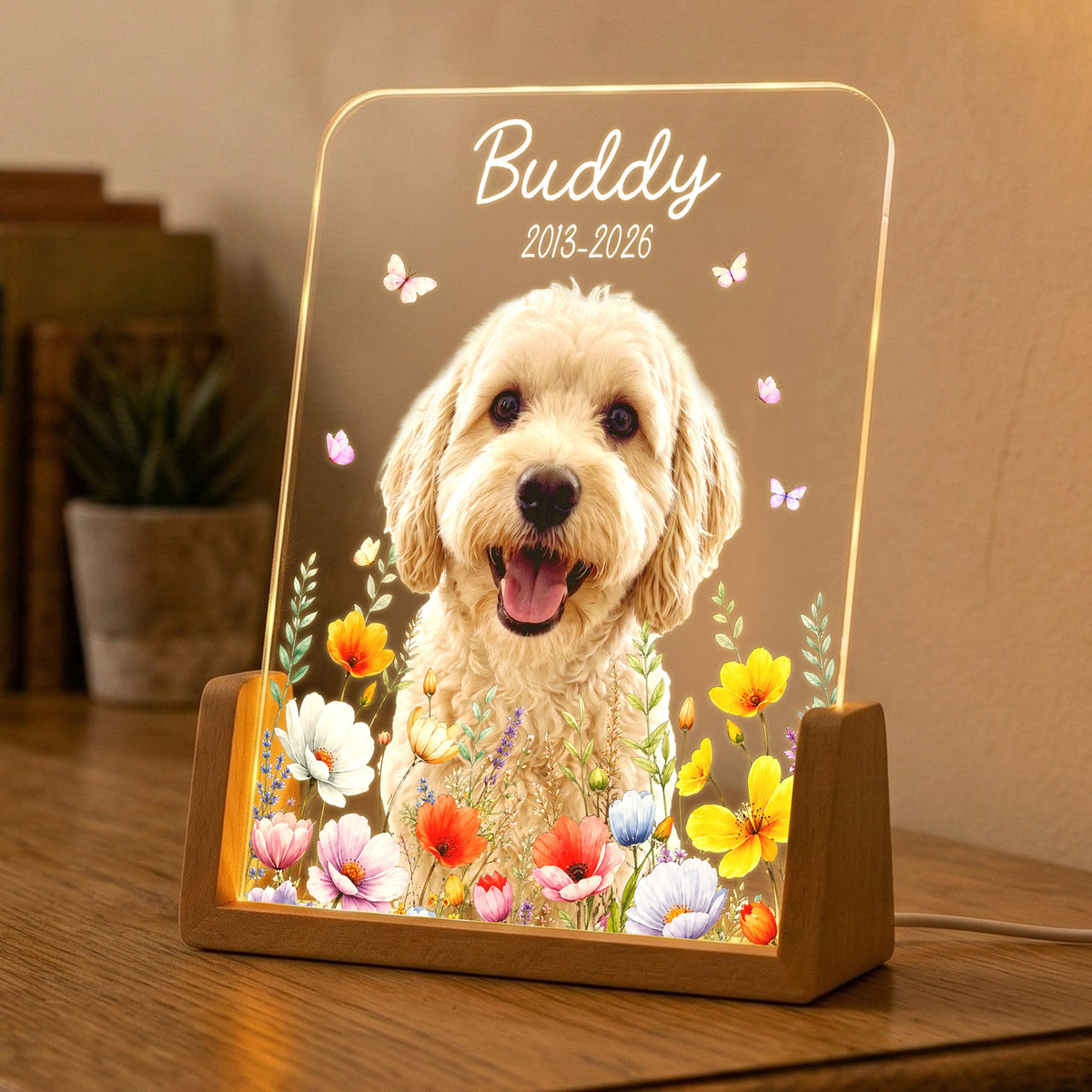 Custom Pet Portrait Floral Memorial Gift For Pet Owners - Personalized Night Light