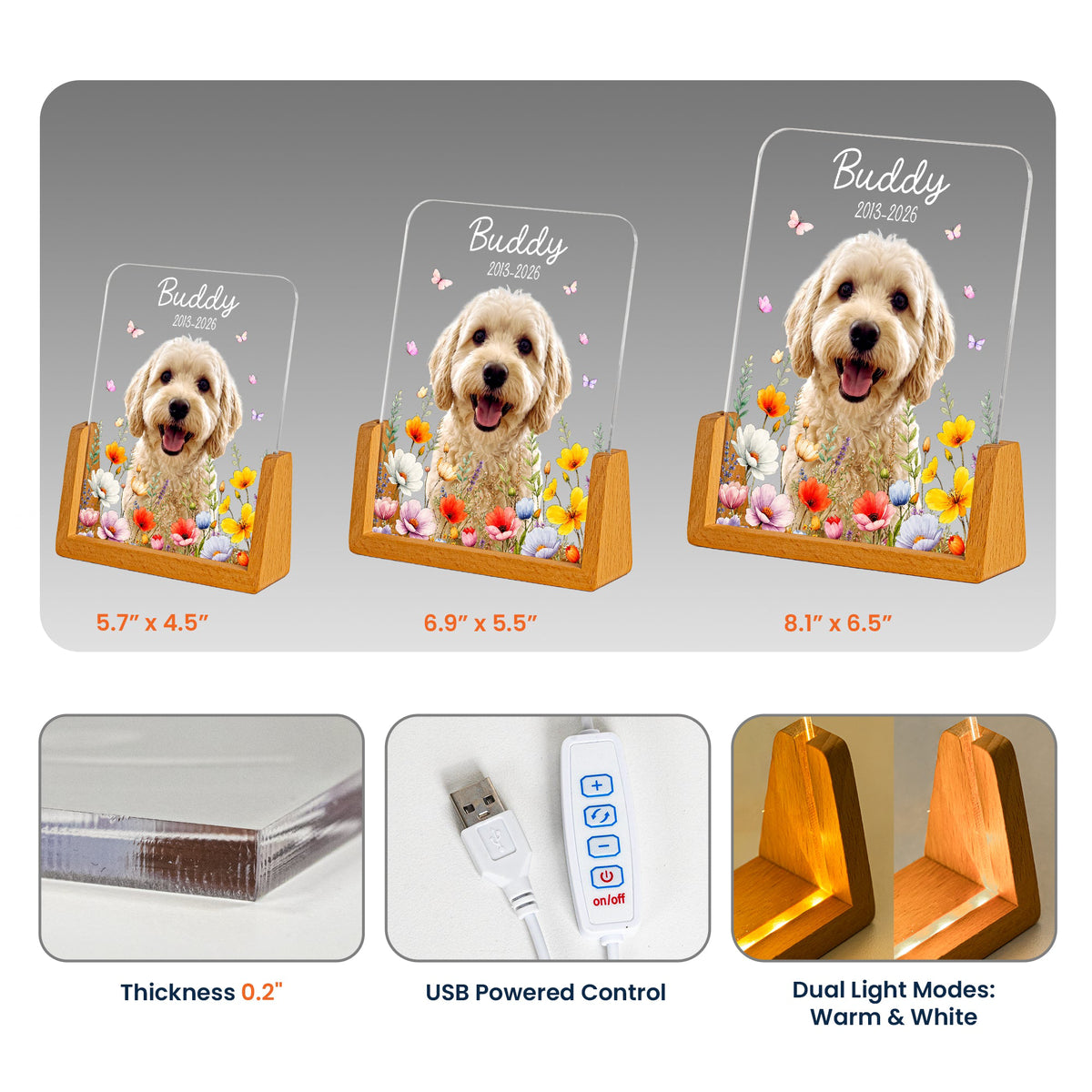 Custom Pet Portrait Floral Memorial Gift For Pet Owners - Personalized Night Light