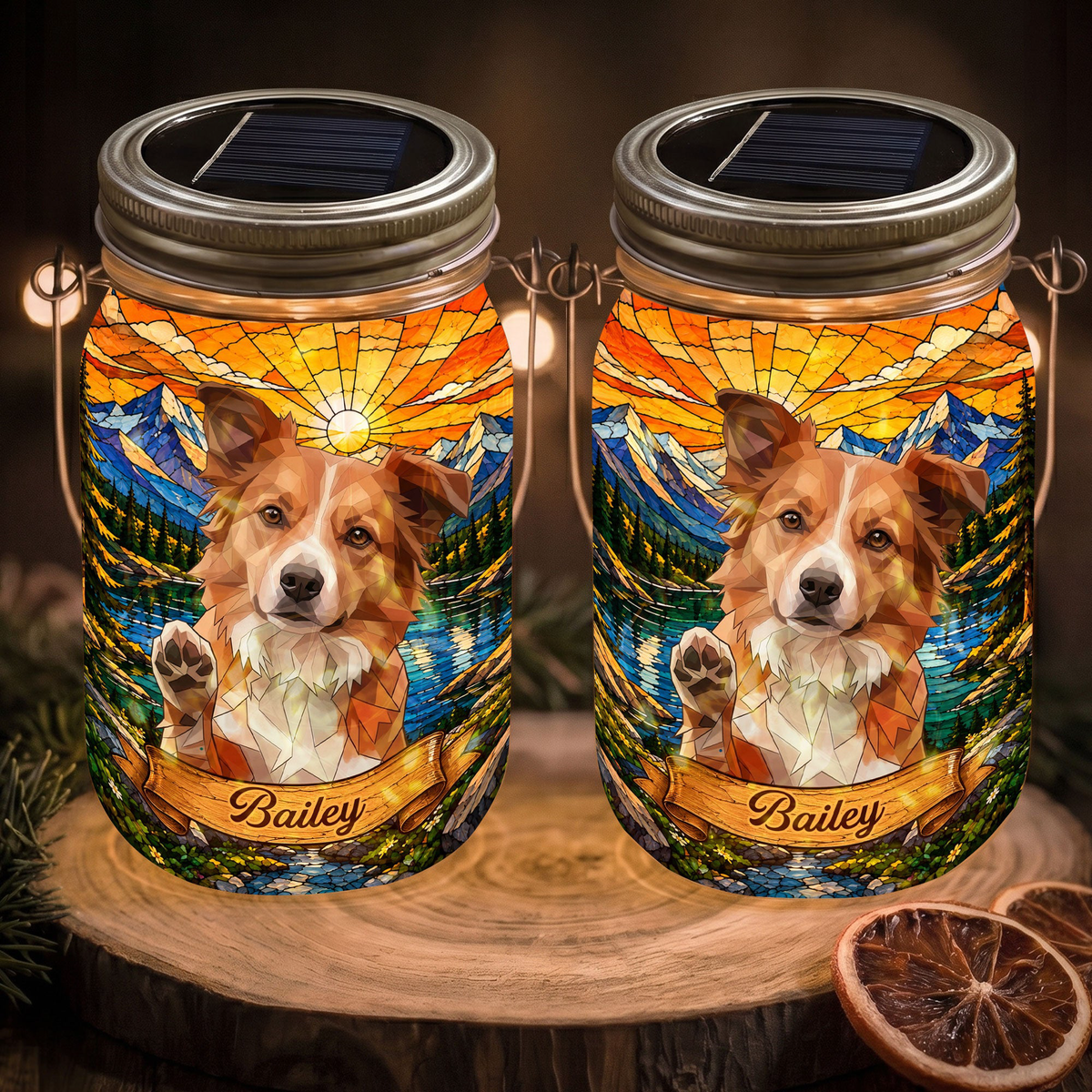 Custom Pet Portrait Stained Glass Art Pet Lovers Gifts Pet Loss Gifts - Personalized Solar Mason Jar Light