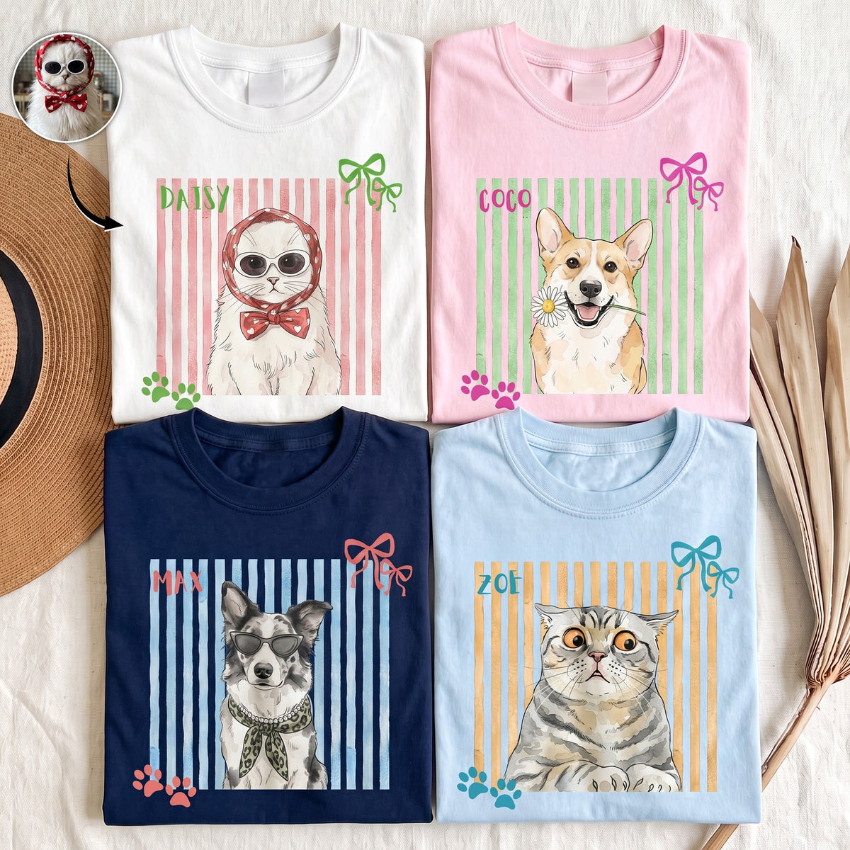 Custom Pet Portrait Watercolor Art Striped Pattern Colorful - Personalized Shirt