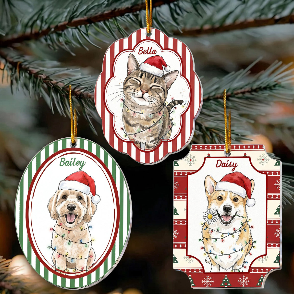 Custom Pet Watercolor With Santa Hat Christmas Gifts For Pet Lovers - Personalized Ornament