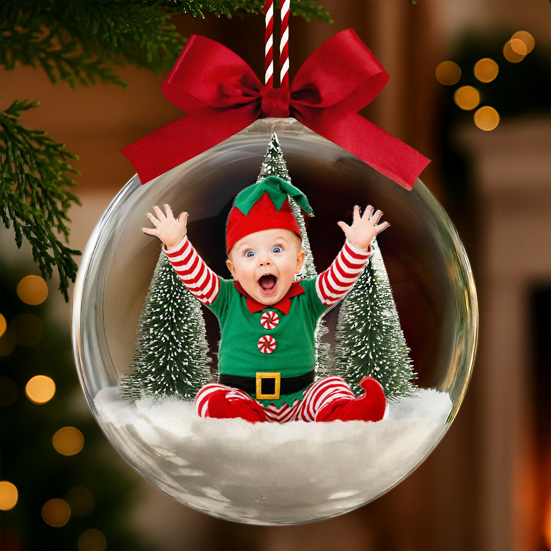 Custom Photo Baby First Christmas, Upload Newborn Photo Gift For Family Snow Ball Bauble - Personalized Ornament
